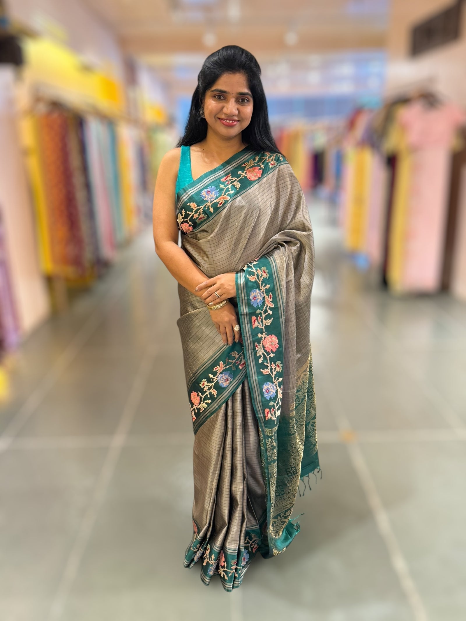 Dusty Grey & Teal Vintage Kanchi soft silk saree with embroidery