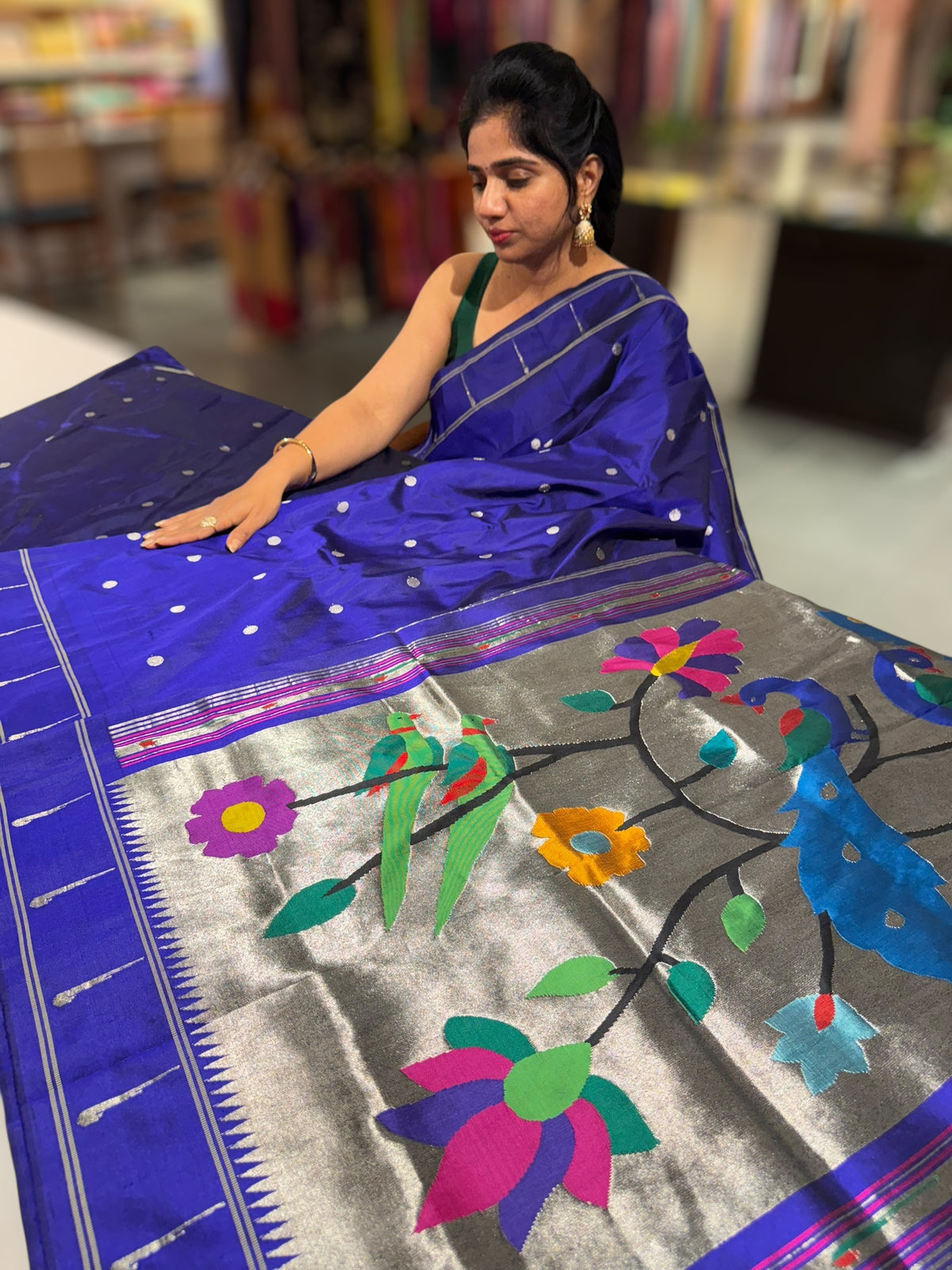 Purplish BluePure handloom paithani silk saree with single muniya border