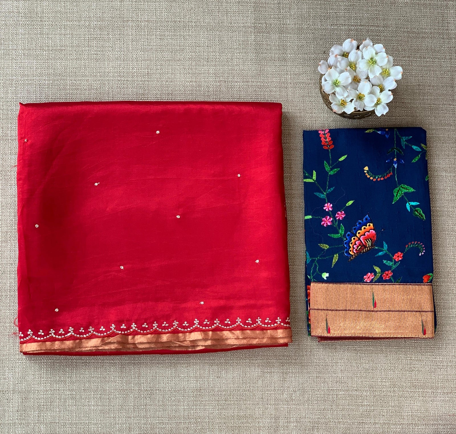 Red Banarasi silk with fusion blouse