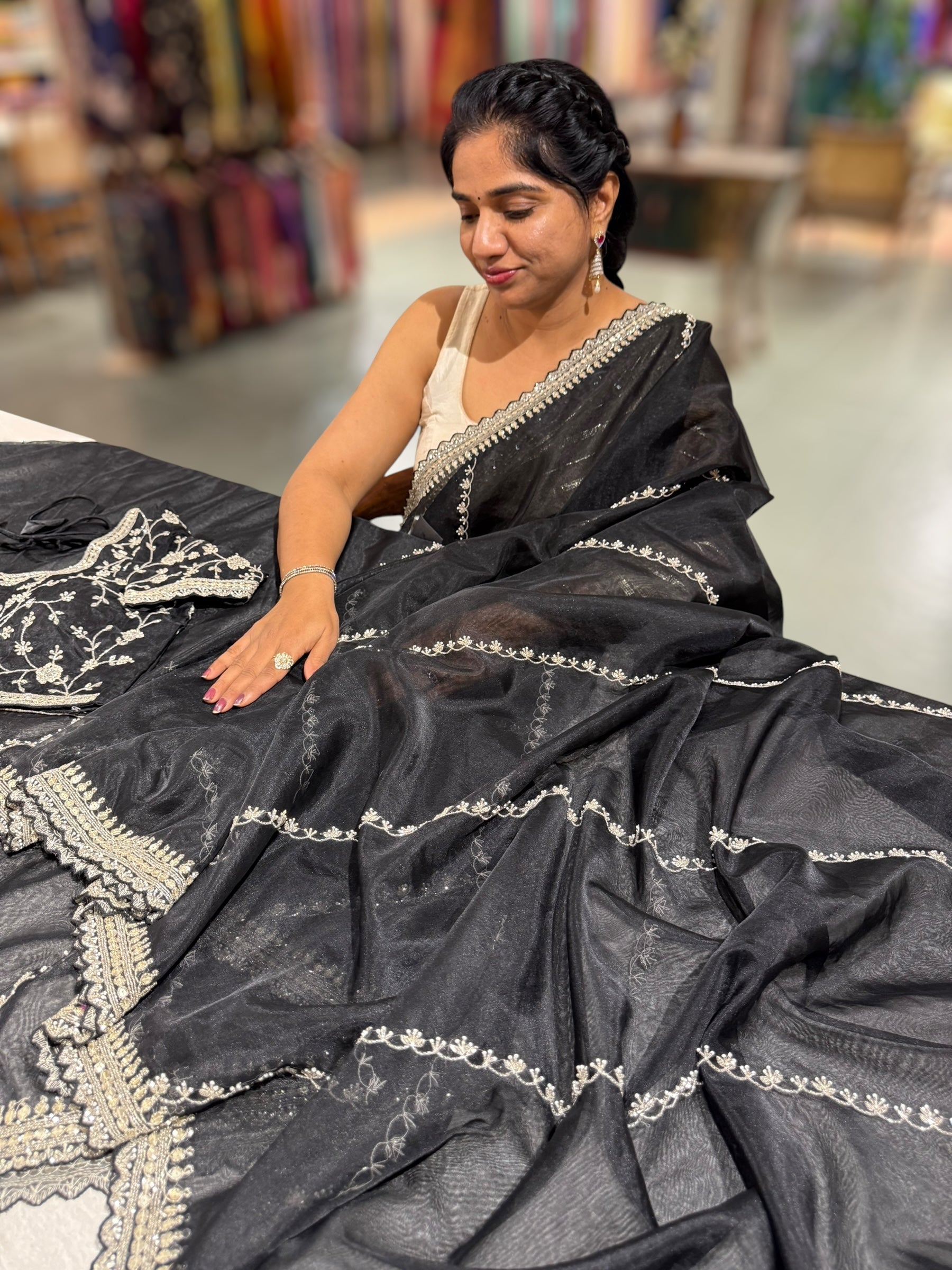 Black Organza handwork saree with ready to wear blouse