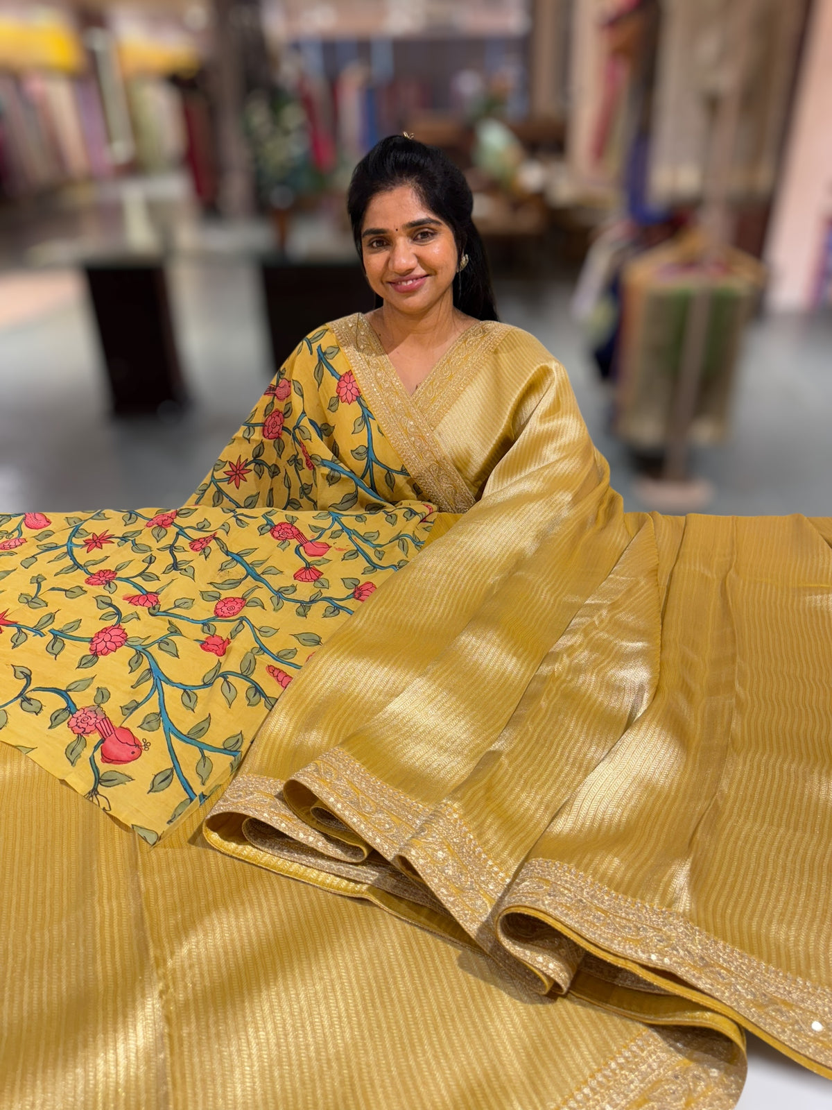 Lemon Yellow Banarasi brocade with sabyasachi borders and pen kalamkari Blouses