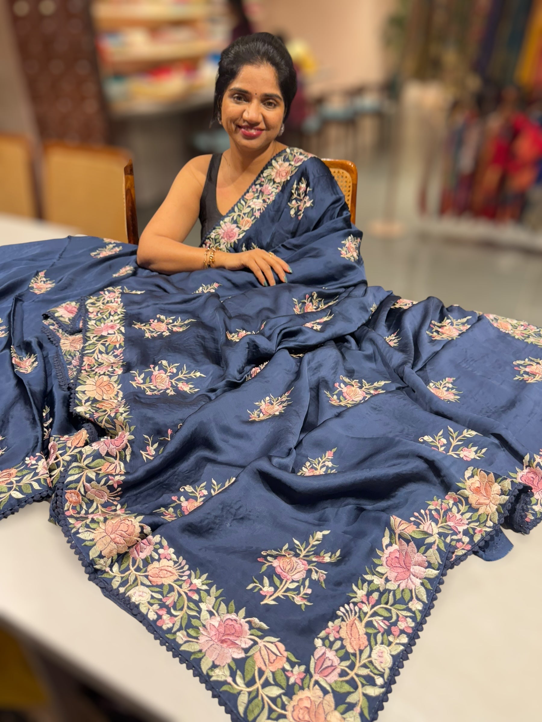 Midnight Blue Satin Saree with Parsi Gara embroidery