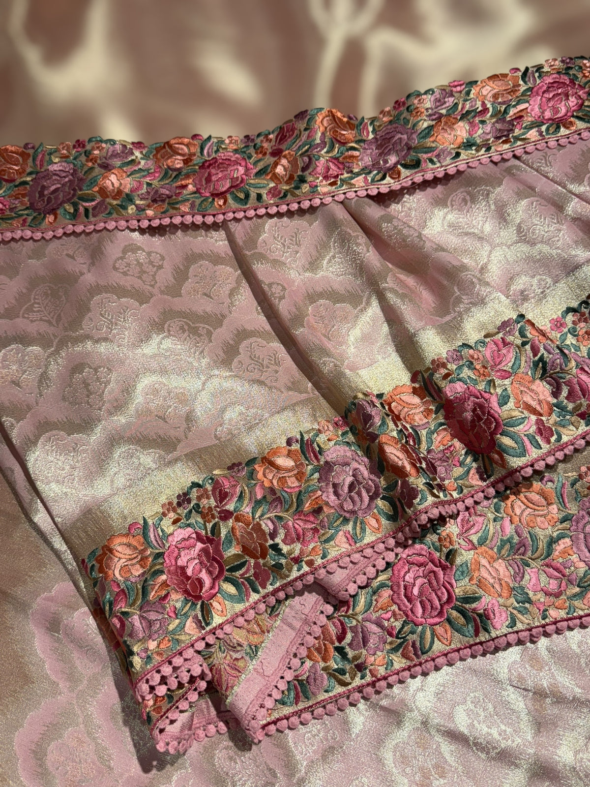Baby Pink Banarasi Brocade tissue saree with tonchui style weaving and parsi gara embroidered border