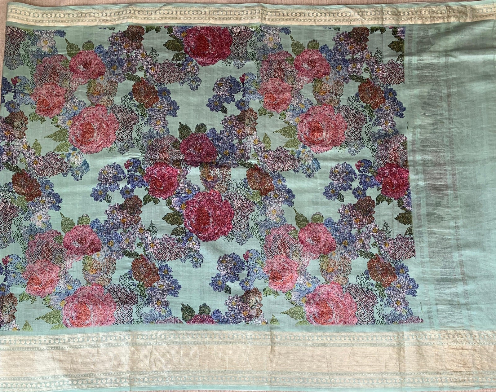 Mint Pure Handloom Chiniya Silk Saree with stunning Floral Print and zari borders