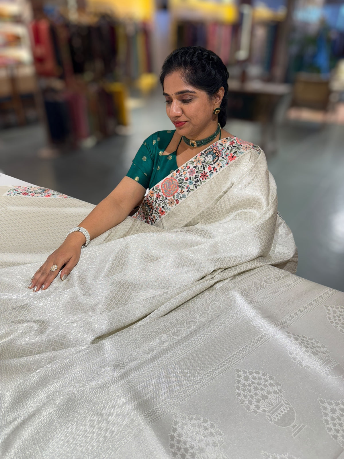 Half White Banarasi  brocade Silk Saree with Petite Point Embroidered Border.