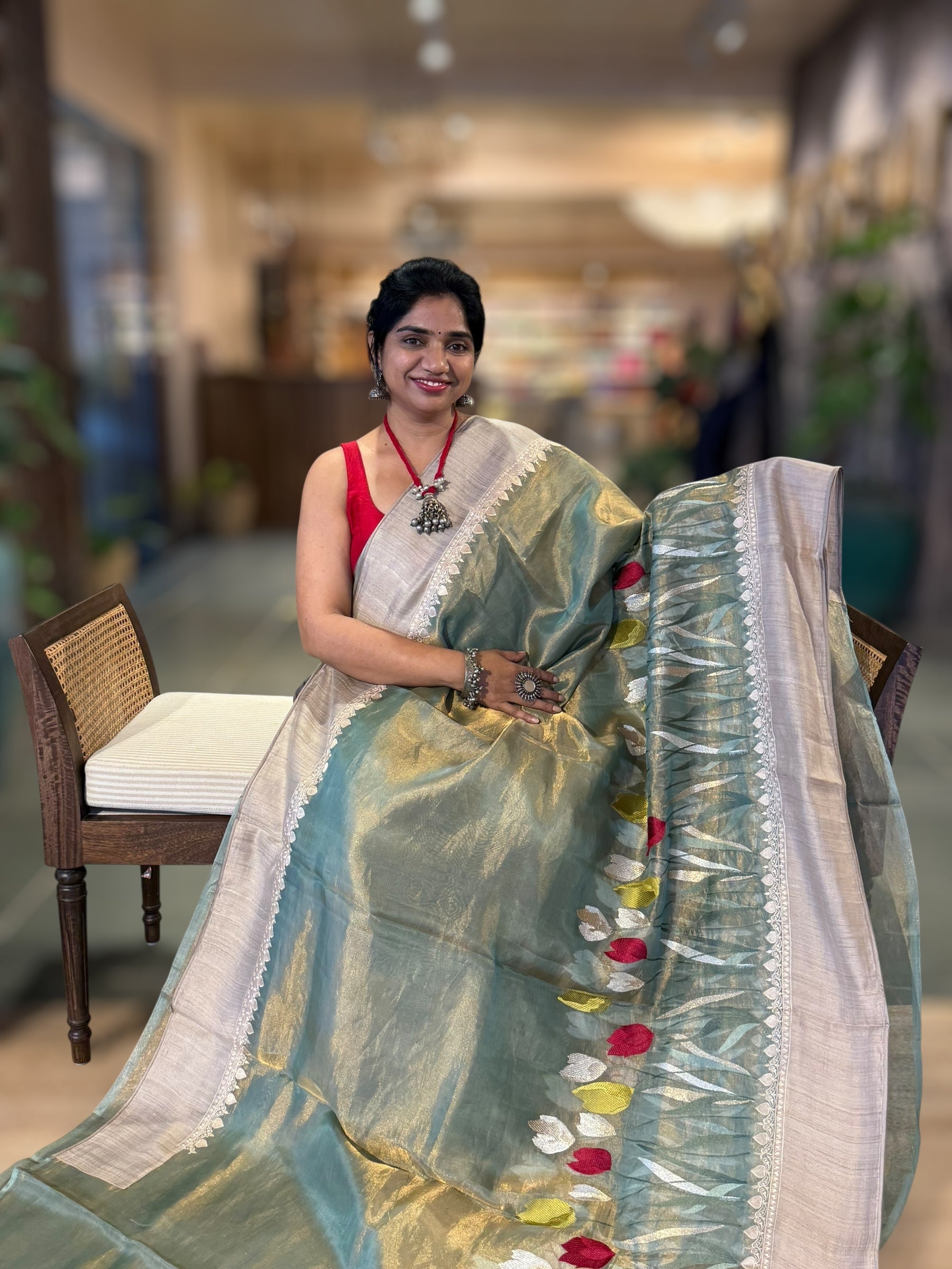 Sage Green Designer Handloom Tissue Saree With Tulip embroidery