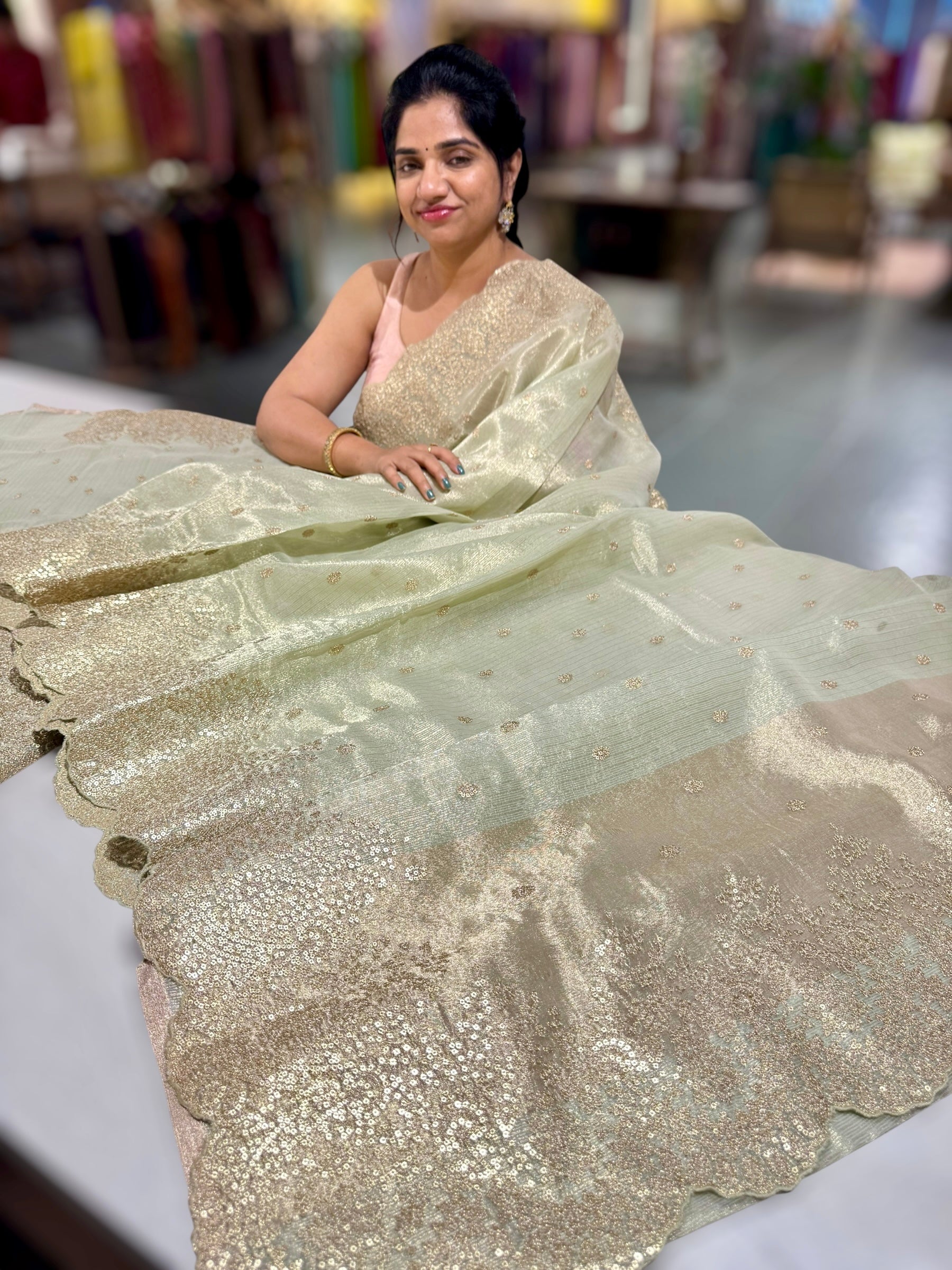 Mint Green Tissue Saree with Heavy Sequence Embroidered Scallop Border
