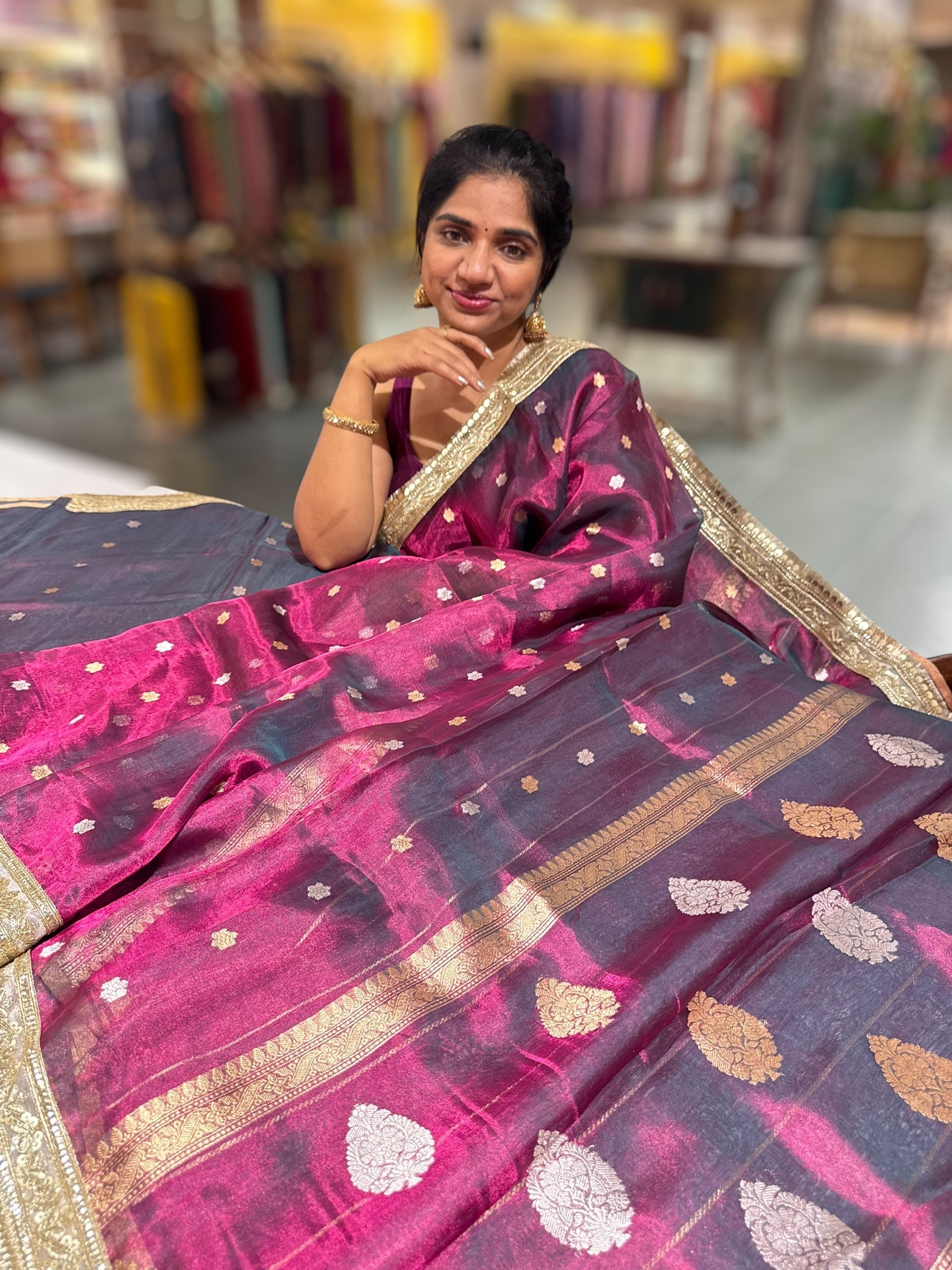 Wine Pure handloom Banarasi Tissue saree