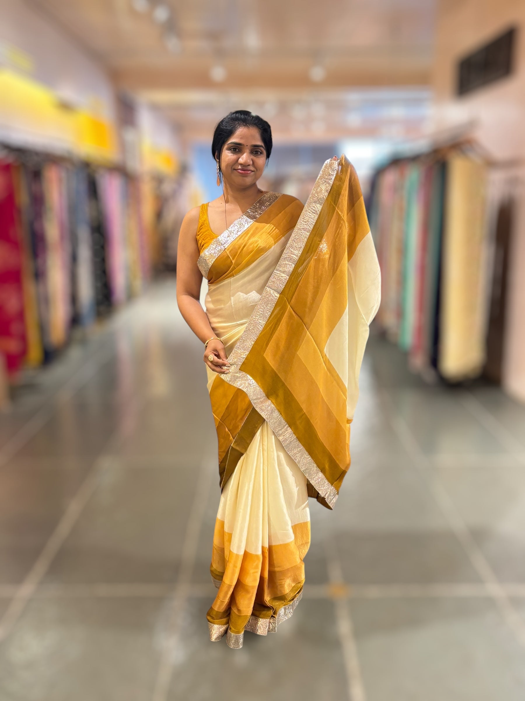 Ivory & mustard combo Chinnon Crepe Saree with Gotapatti Borders