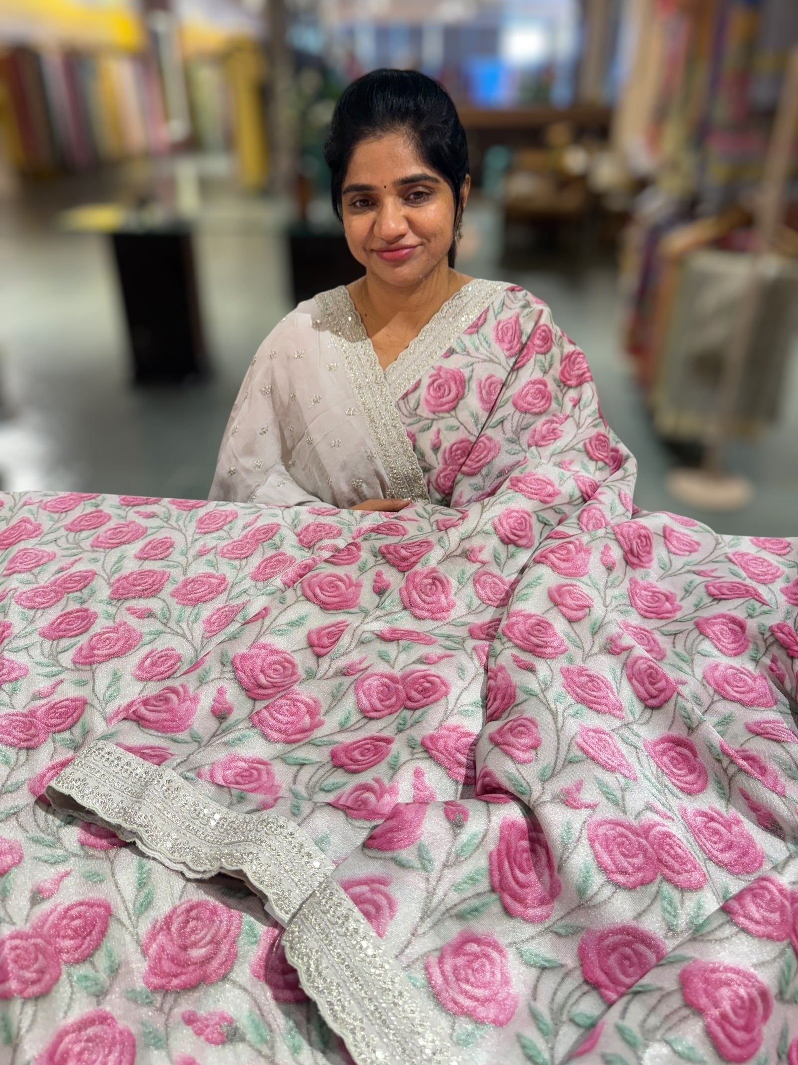 Silver base Tissue Georgette Saree