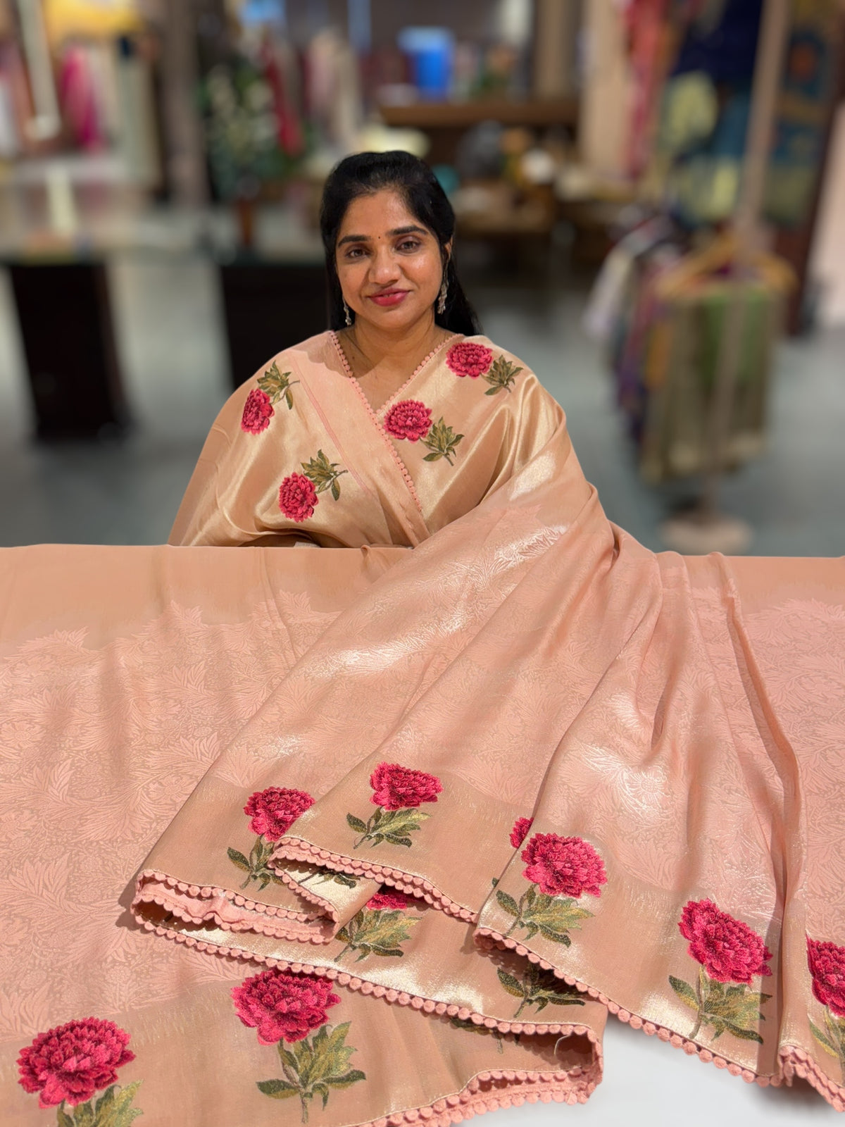 Peach pink Banarasi Brocade tissue saree with tonchui style weaving & embroidered dahlia flower border