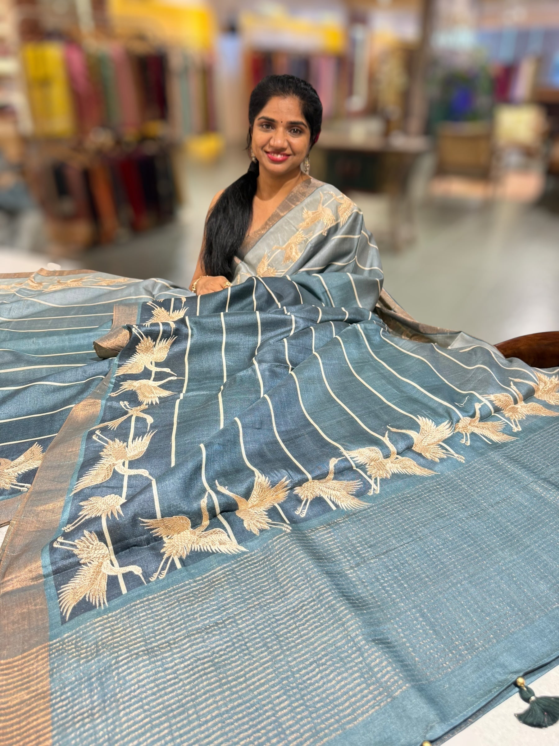 Tussar Rangkaat Saree With Crane Bird  Embroidered Border
