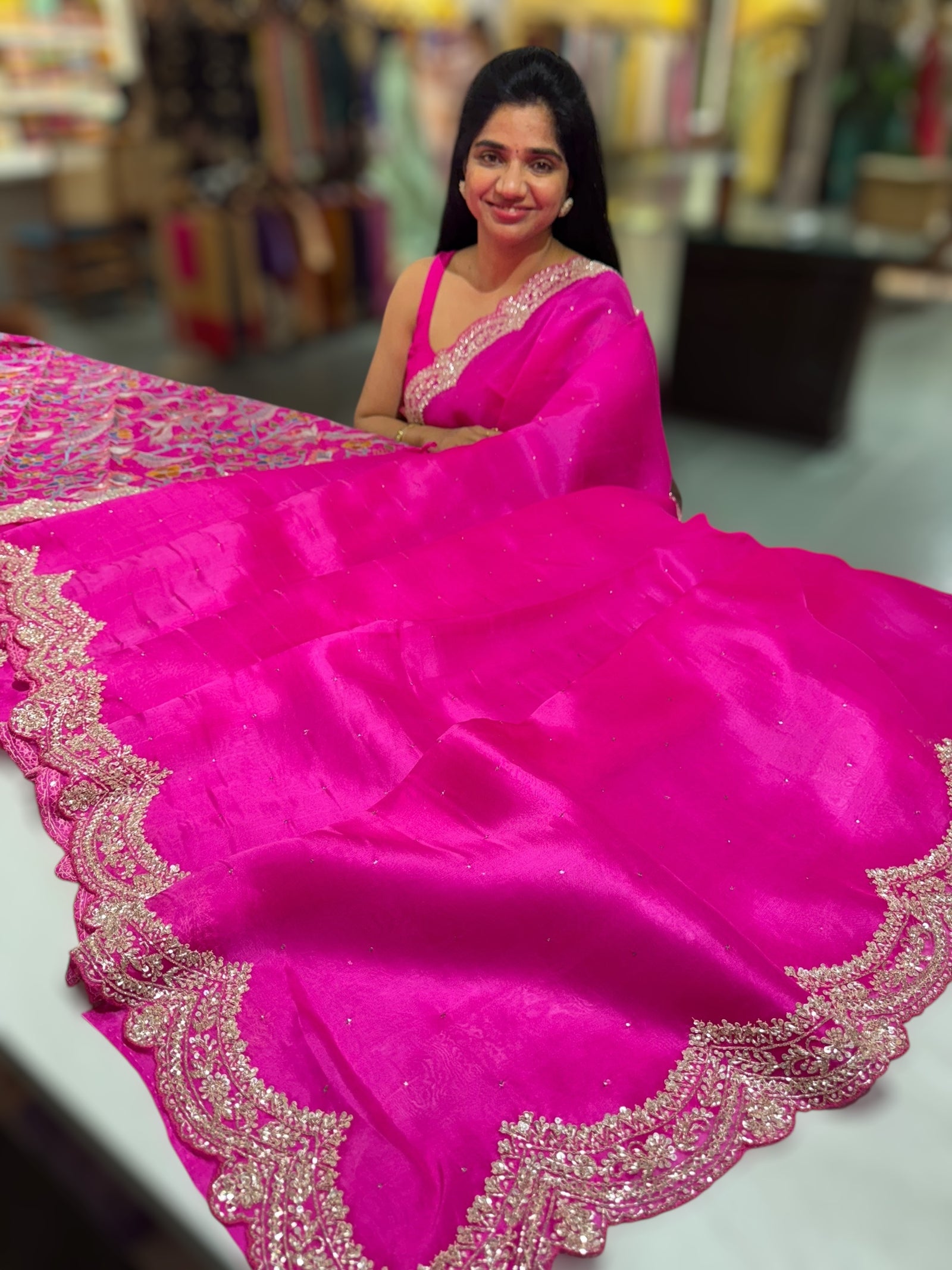 Fushcia Pink Pure Organza Handwork Saree with heavy Designer Blouse