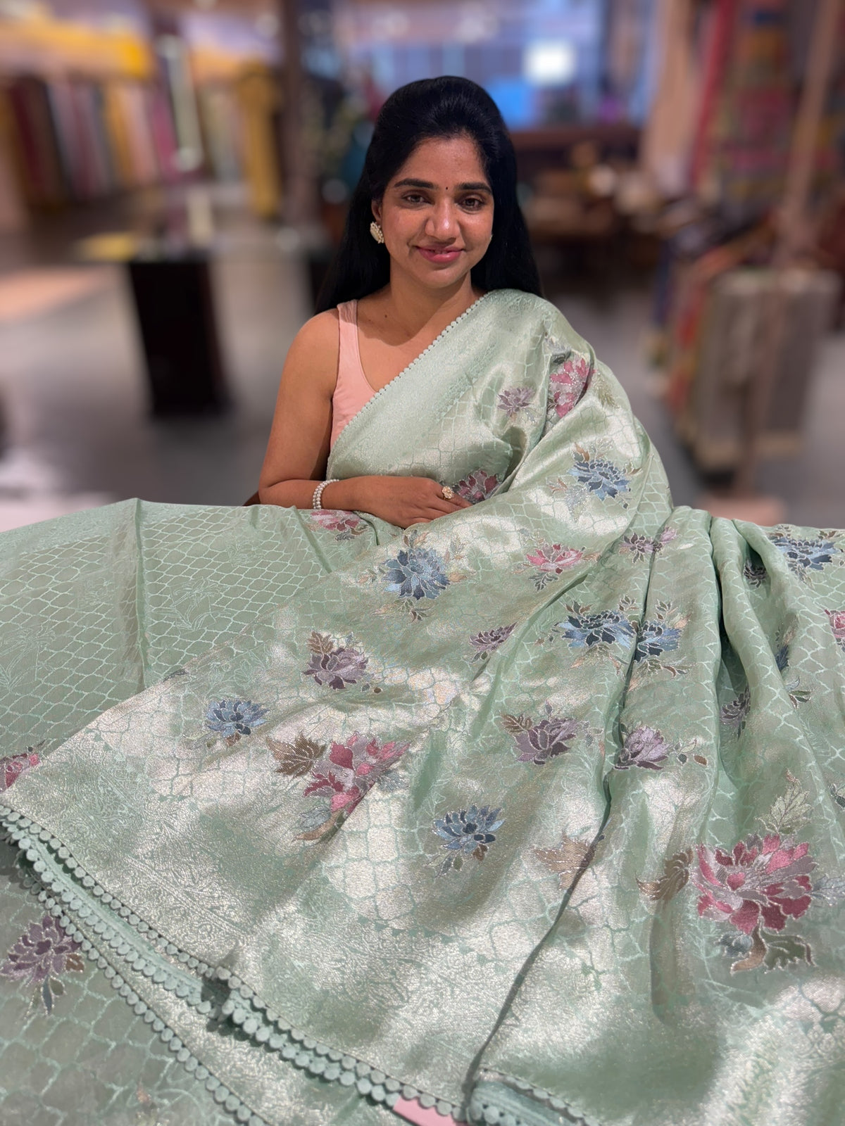 Mint Banarasi Brocade tissue saree with allover floral embroidery