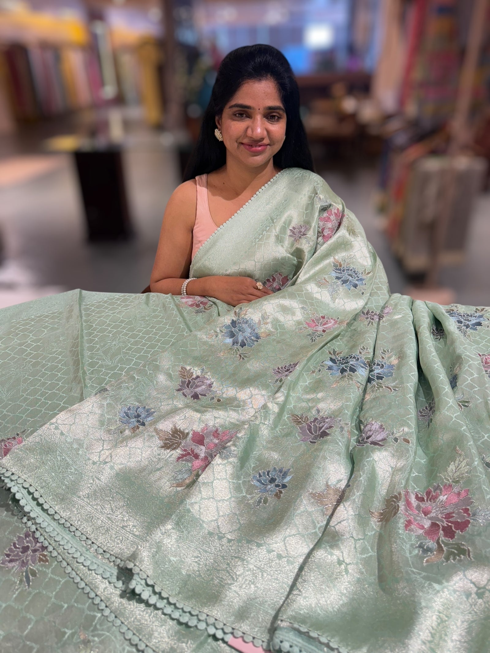 Mint Banarasi Brocade tissue saree with allover floral embroidery