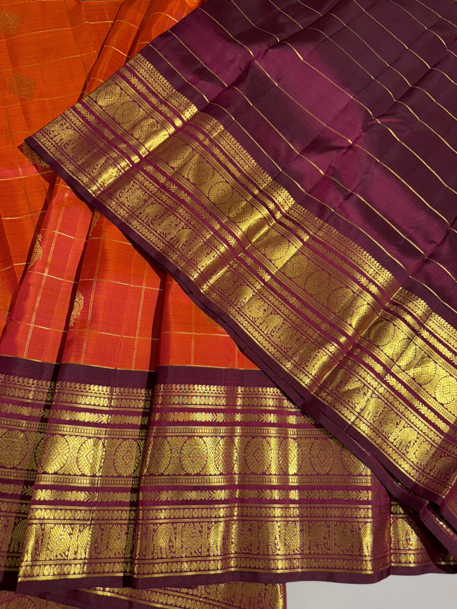 Rust Orange & winish Brown Combo Vintage Checks Kanjeevaram Saree