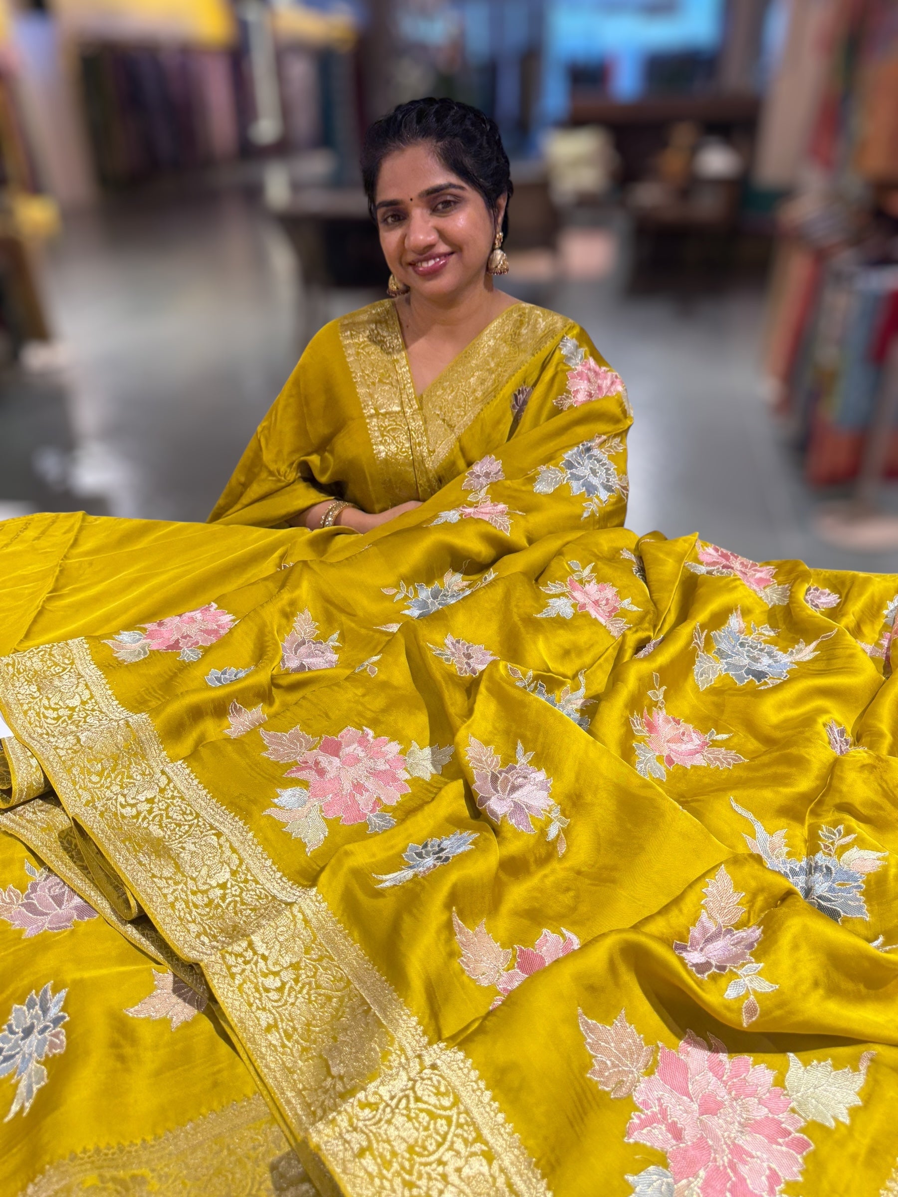Lemon Greenish Yellow Mashru Satin Saree with Allover Floral embroidery