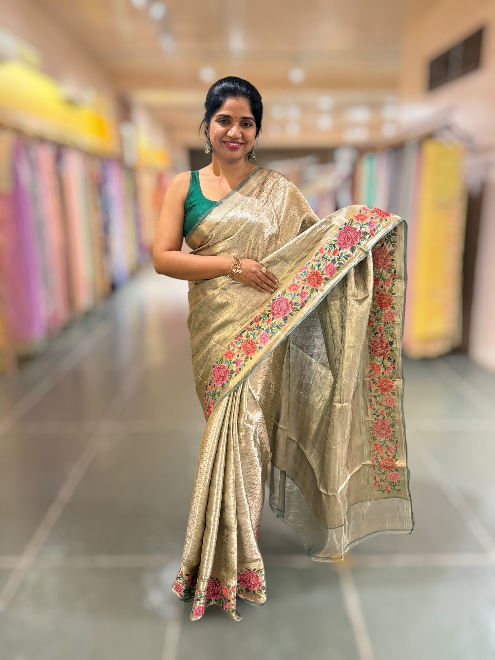 Bottle Green Base Banarasi Tissue Brocade Saree with Petite Point Embroidered Border