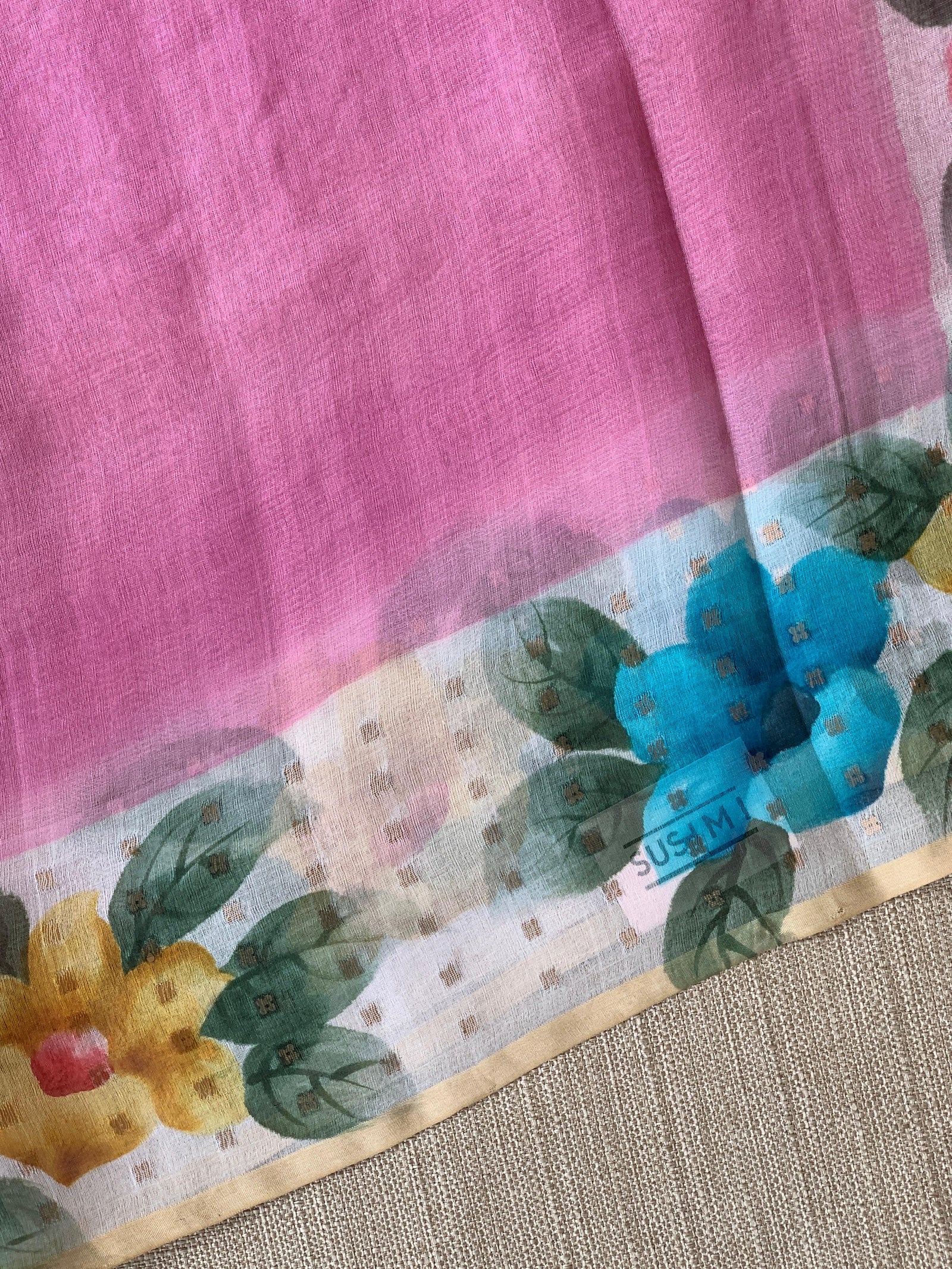 Rose Pink Tussar Kota Tissue Saree with Handpainted Muslin Border and Pallu