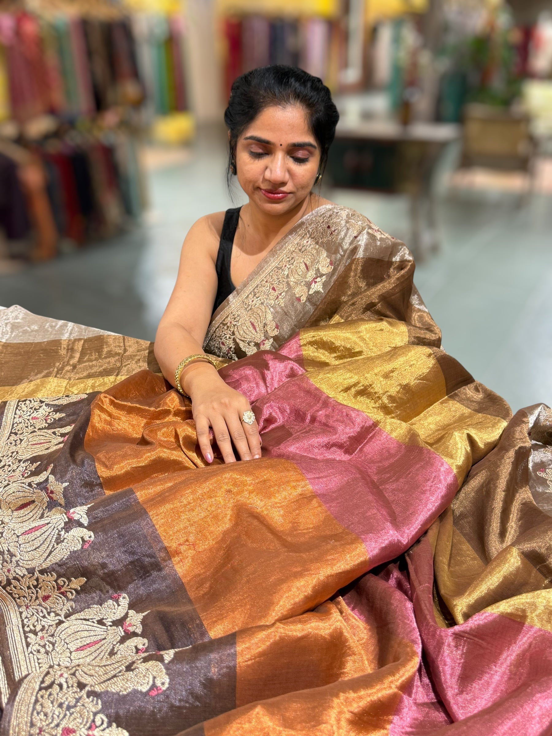 Multi color chanderi Tissue saree with peacock embroidered border