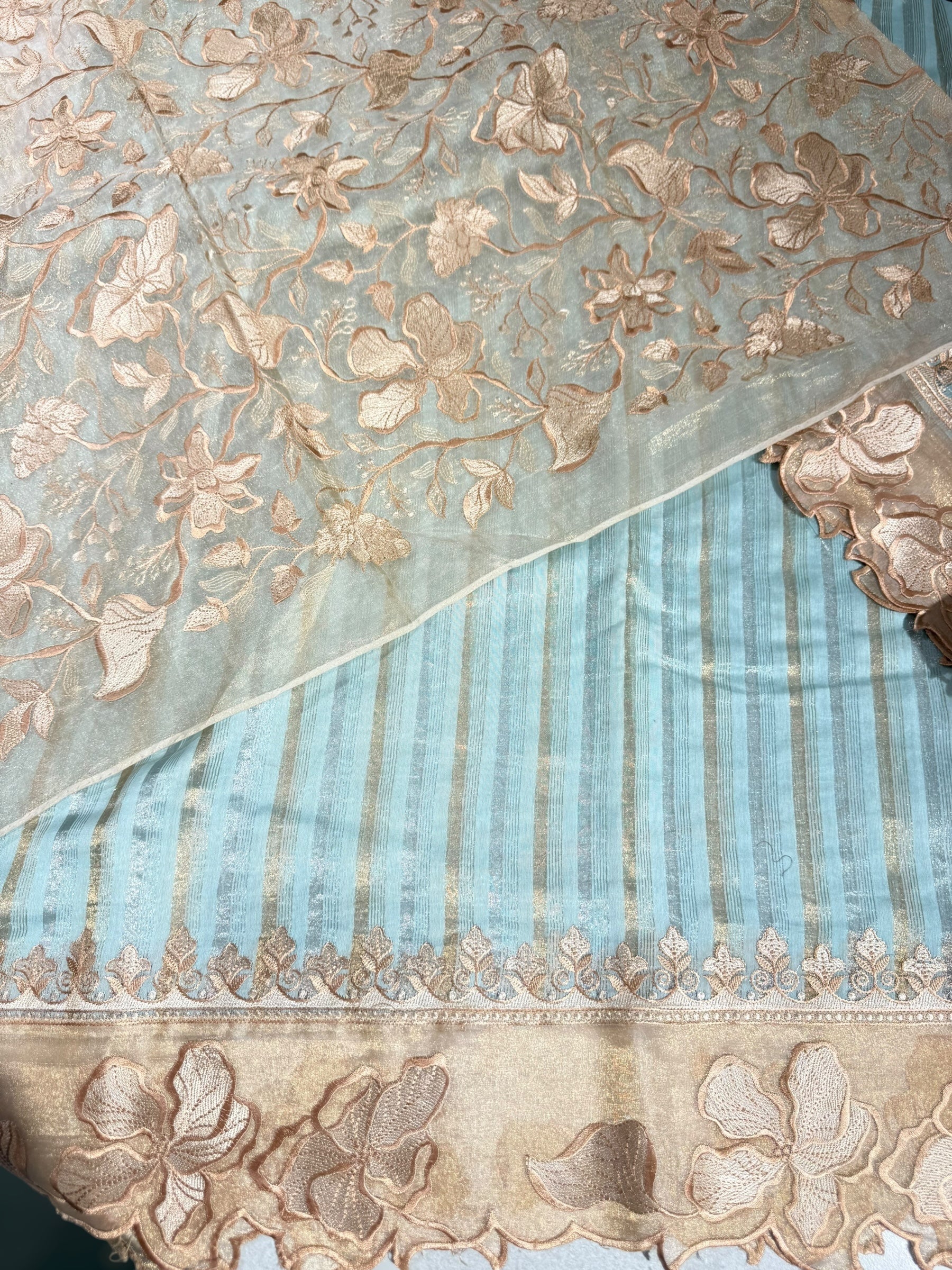 Pastel blue Mul Tissue Stripes Saree With Tissue Cutwork  Border & Blouse