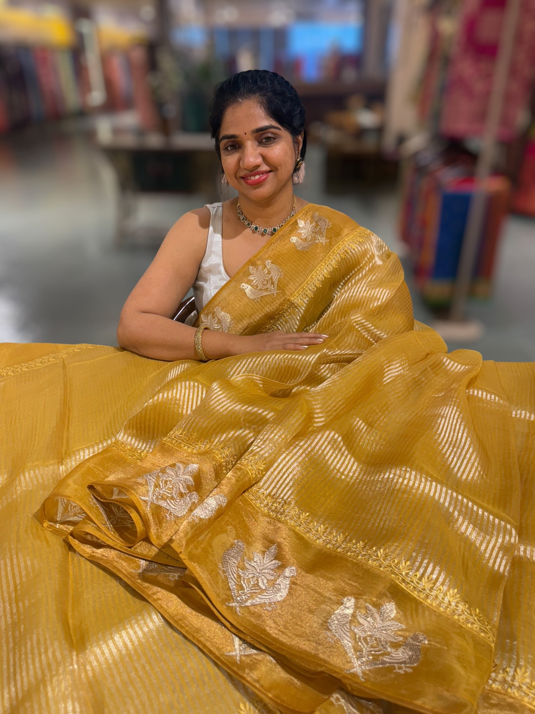 Mustard Kora tissue silver stripes Saree with double parrot  embroidered tissue border