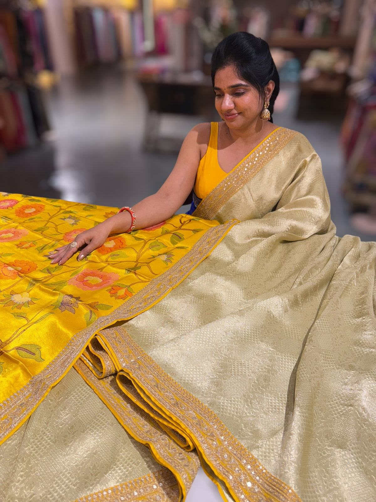 Mint &amp; Yellow Combo Banarasi Tissue Brocade saree