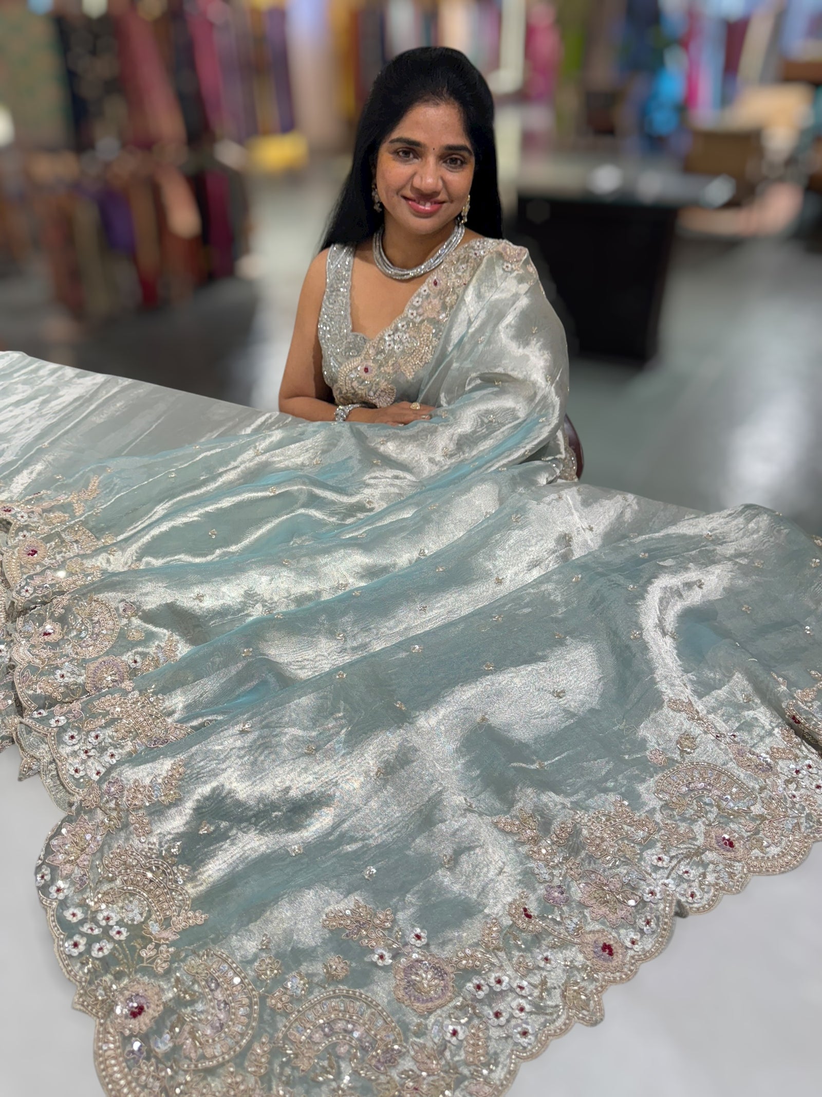 Pastel Blue tissue saree with heavy handwork