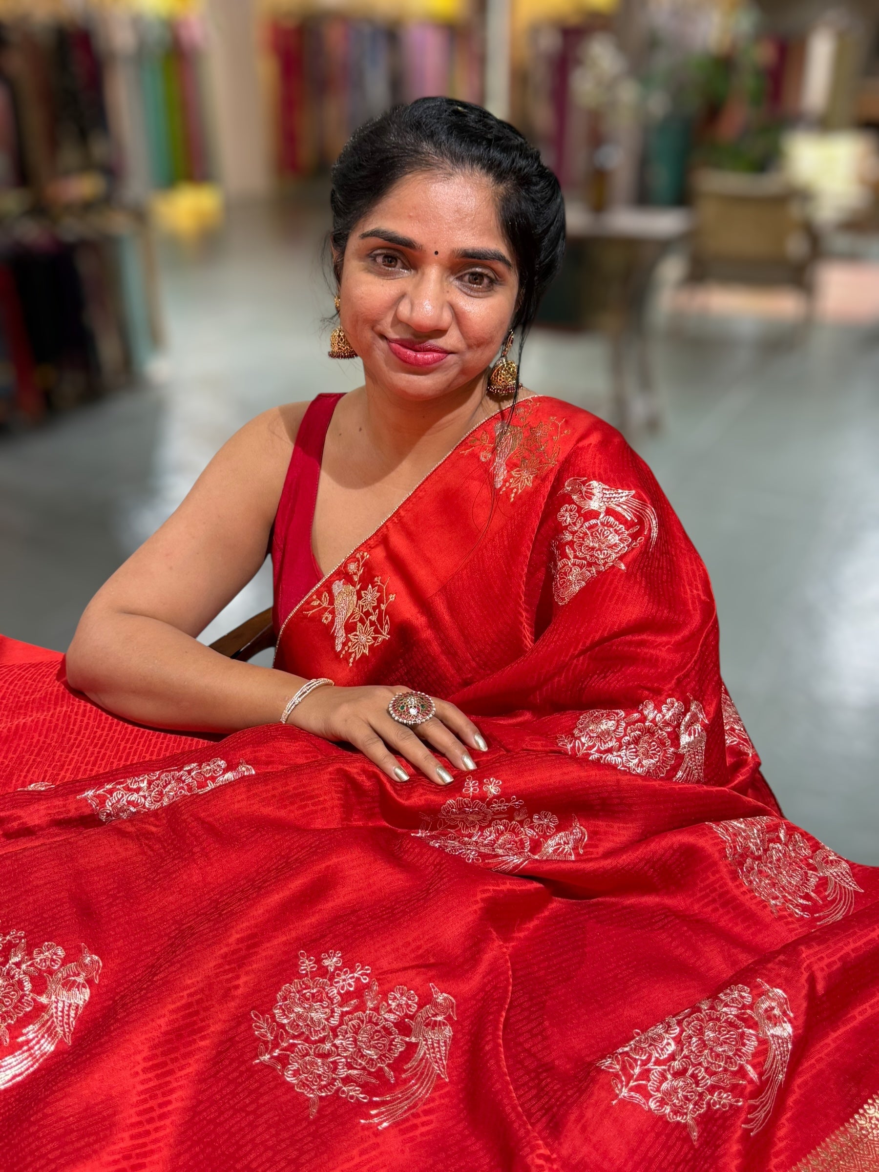 Orangish Red Designer Mashru Silk Saree