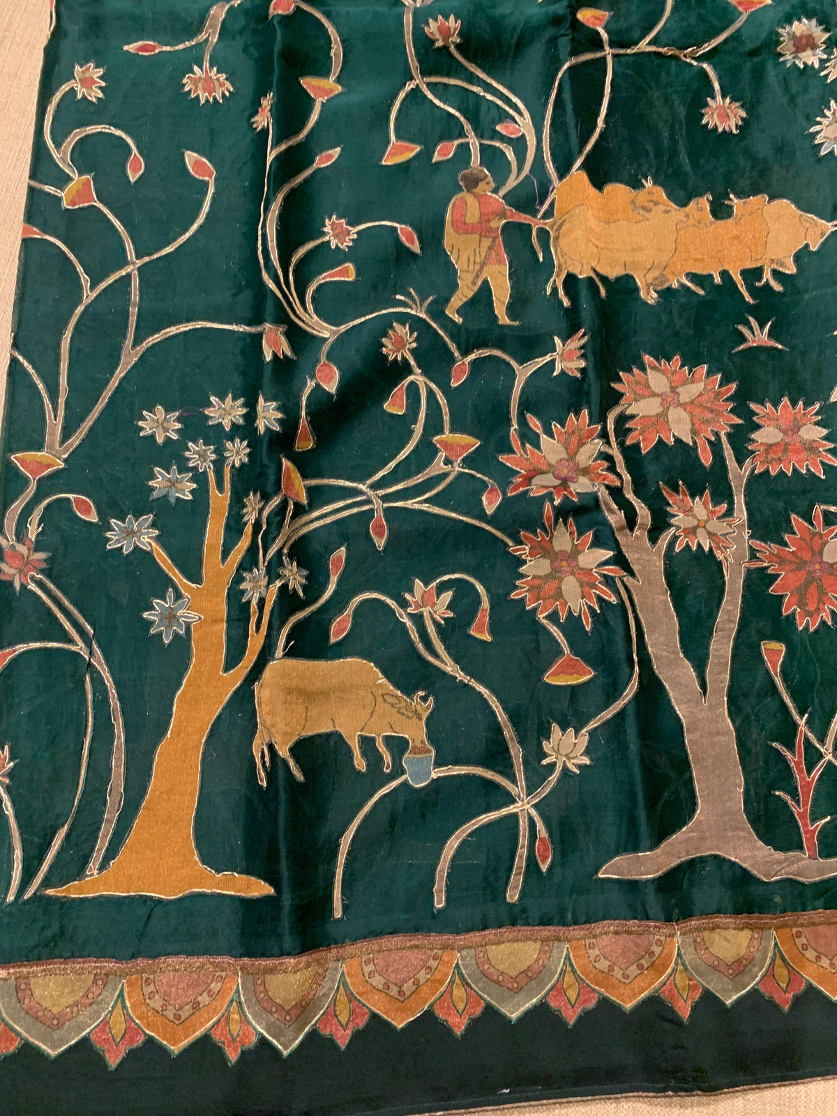 Bottle Green Designer Organza Saree with Stunning Tissue Applique work Saree with village theme