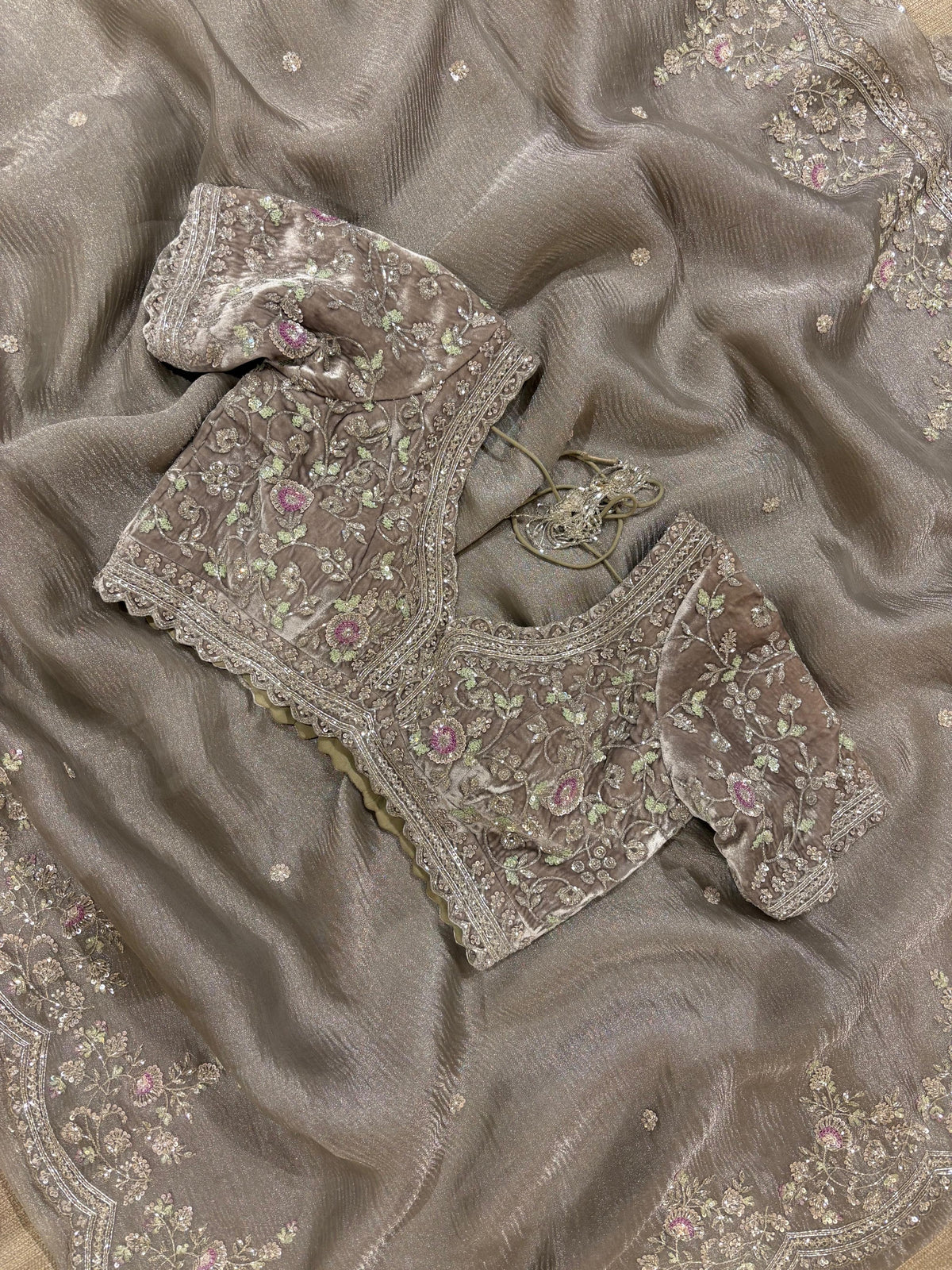 Greyish silver Crush Tissue handwork Saree