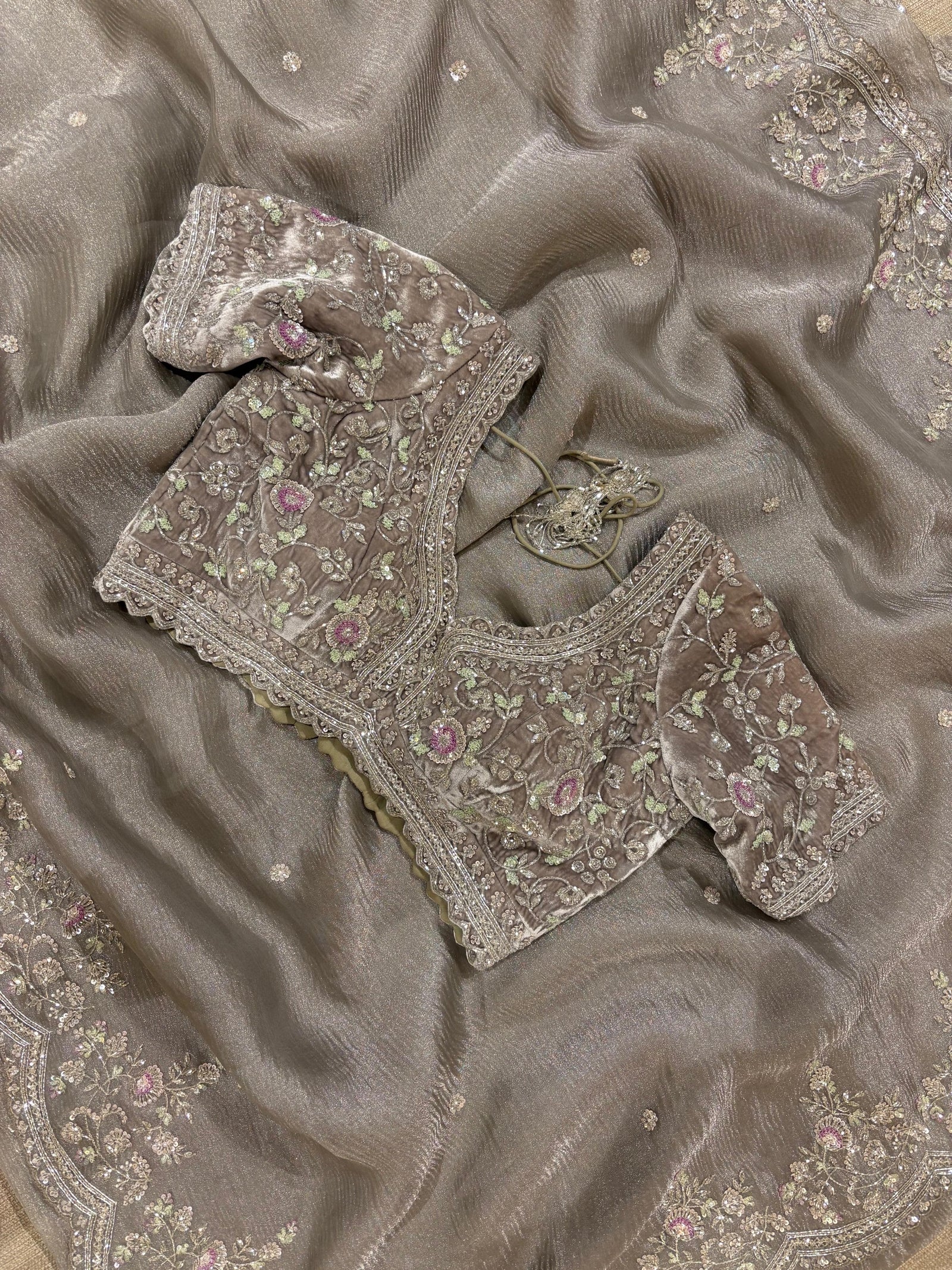 Greyish silver Crush Tissue handwork Saree