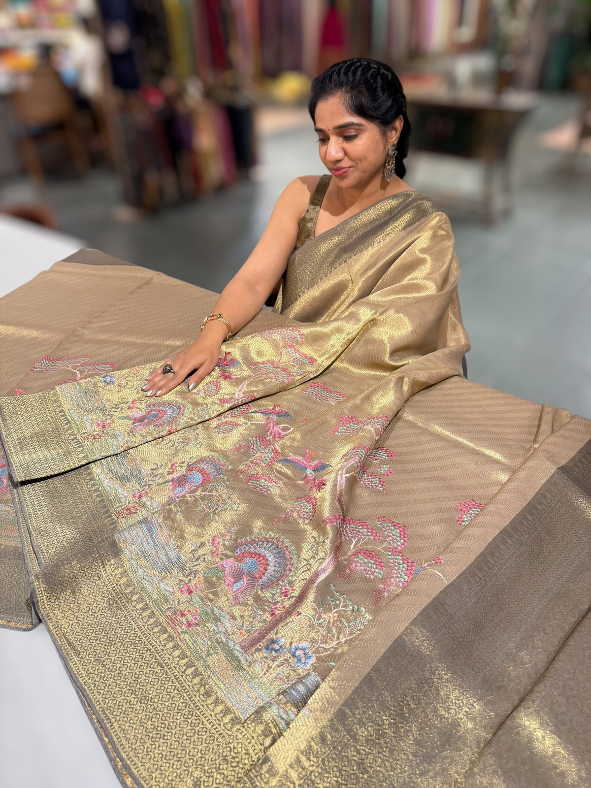 Antique Banarasi Tonchoi Brocade Saree with Parsi Gara style embroidery