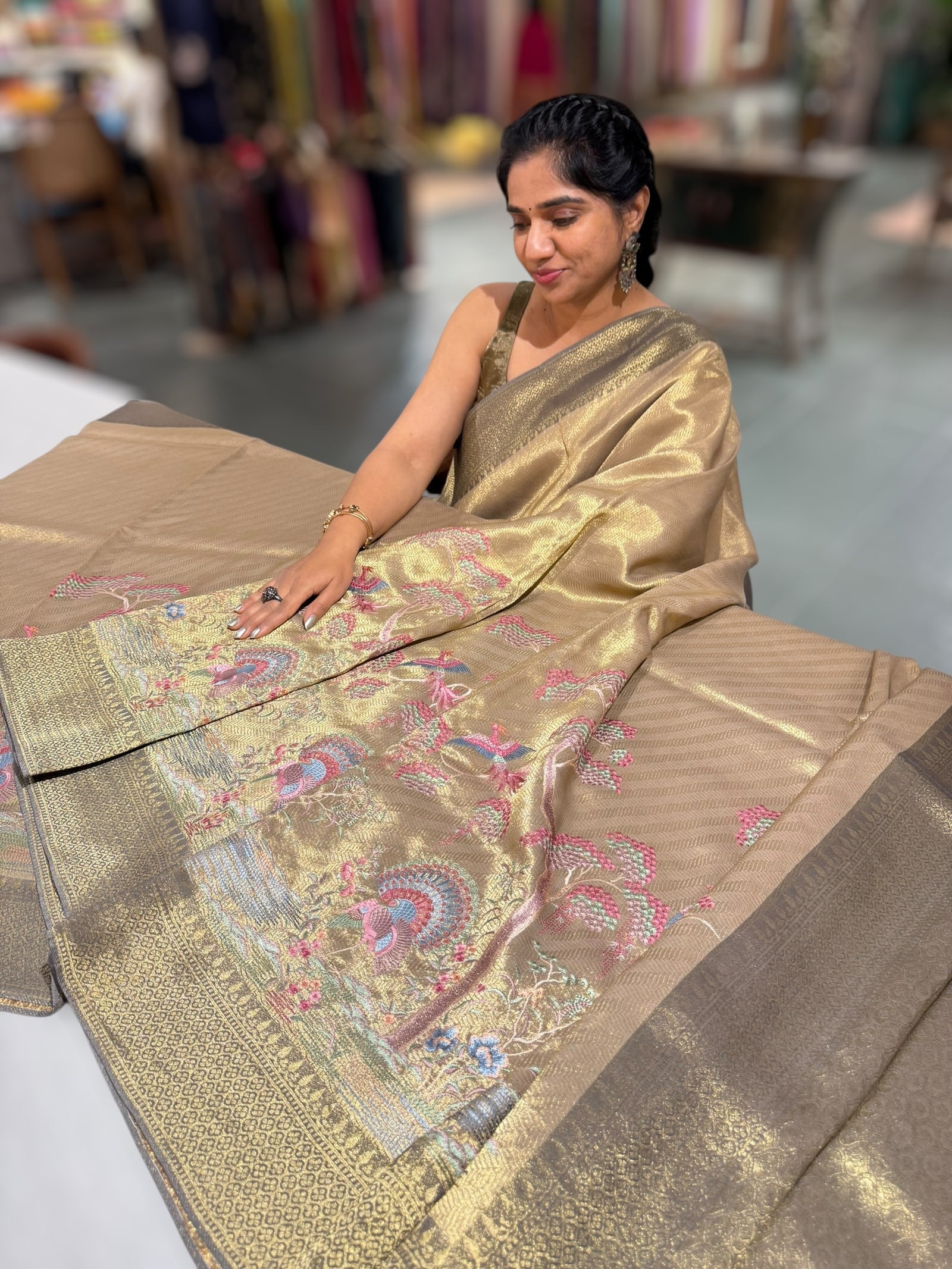 Antique Banarasi Tonchoi Brocade Saree with Parsi Gara style embroidery