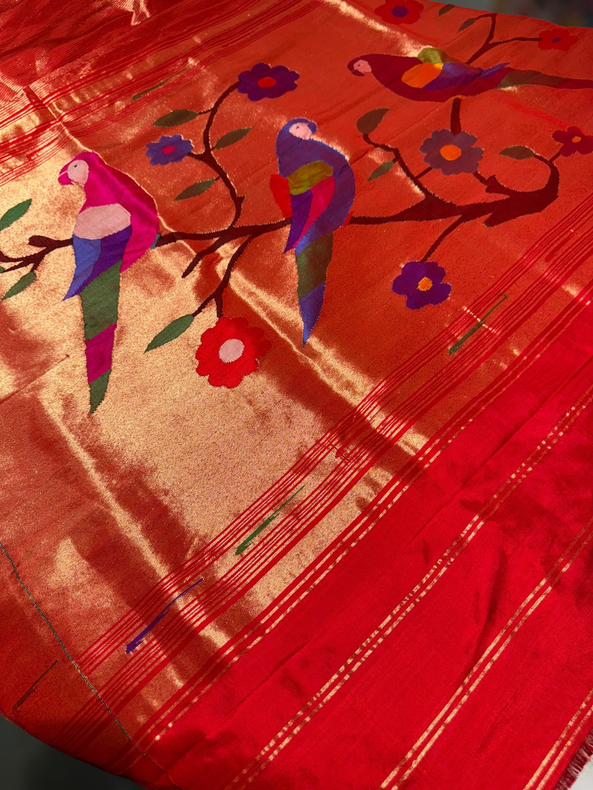 Red Pure handloom paithani tissue stripes saree