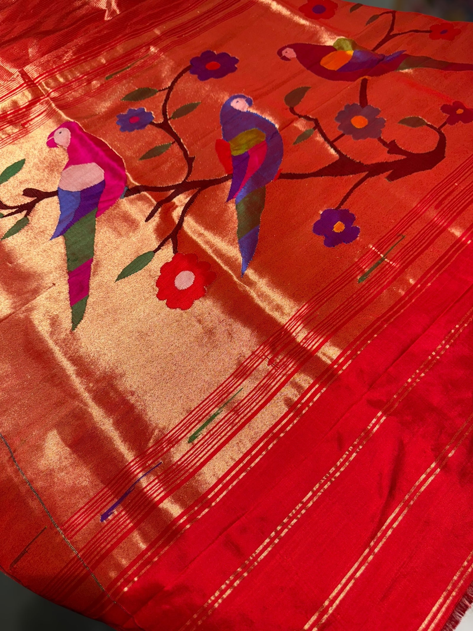 Red Pure handloom paithani tissue stripes saree