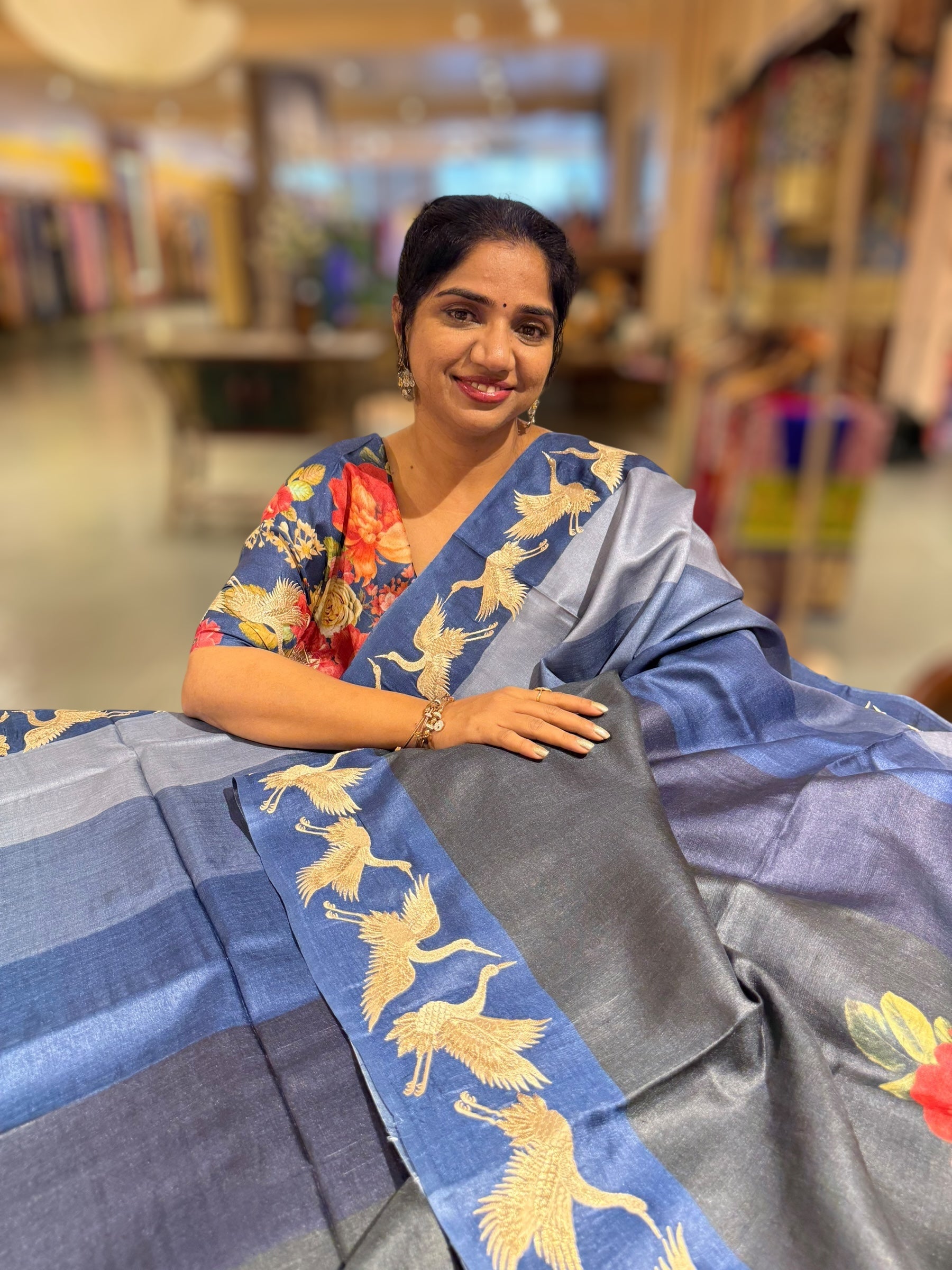 Tussar Rangkaat Saree With Crane Bird  Embroidered Border