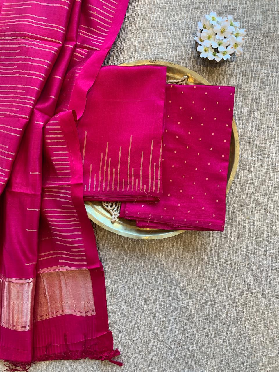 Dark Pink Banarasi Handloom Chiniya Silk 3-pc Suit Set