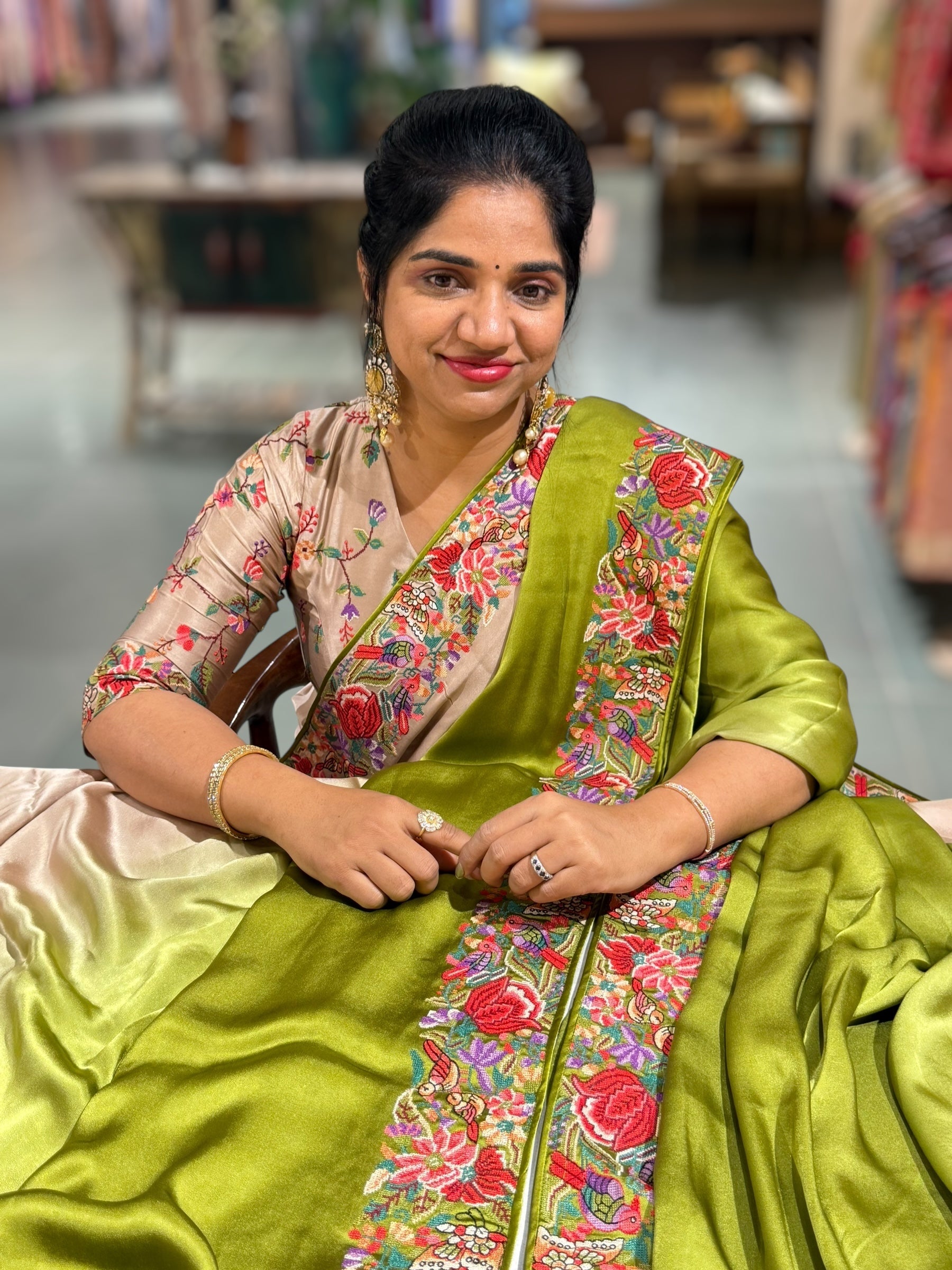 Pure Satin Ombre Dyed Saree with Petite Point Embroidered Border and blouse.