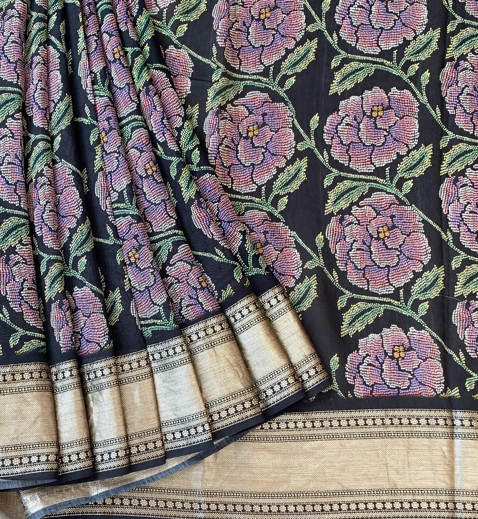 Black Pure Handloom Chiniya Silk Saree with stunning Floral Print and zari borders