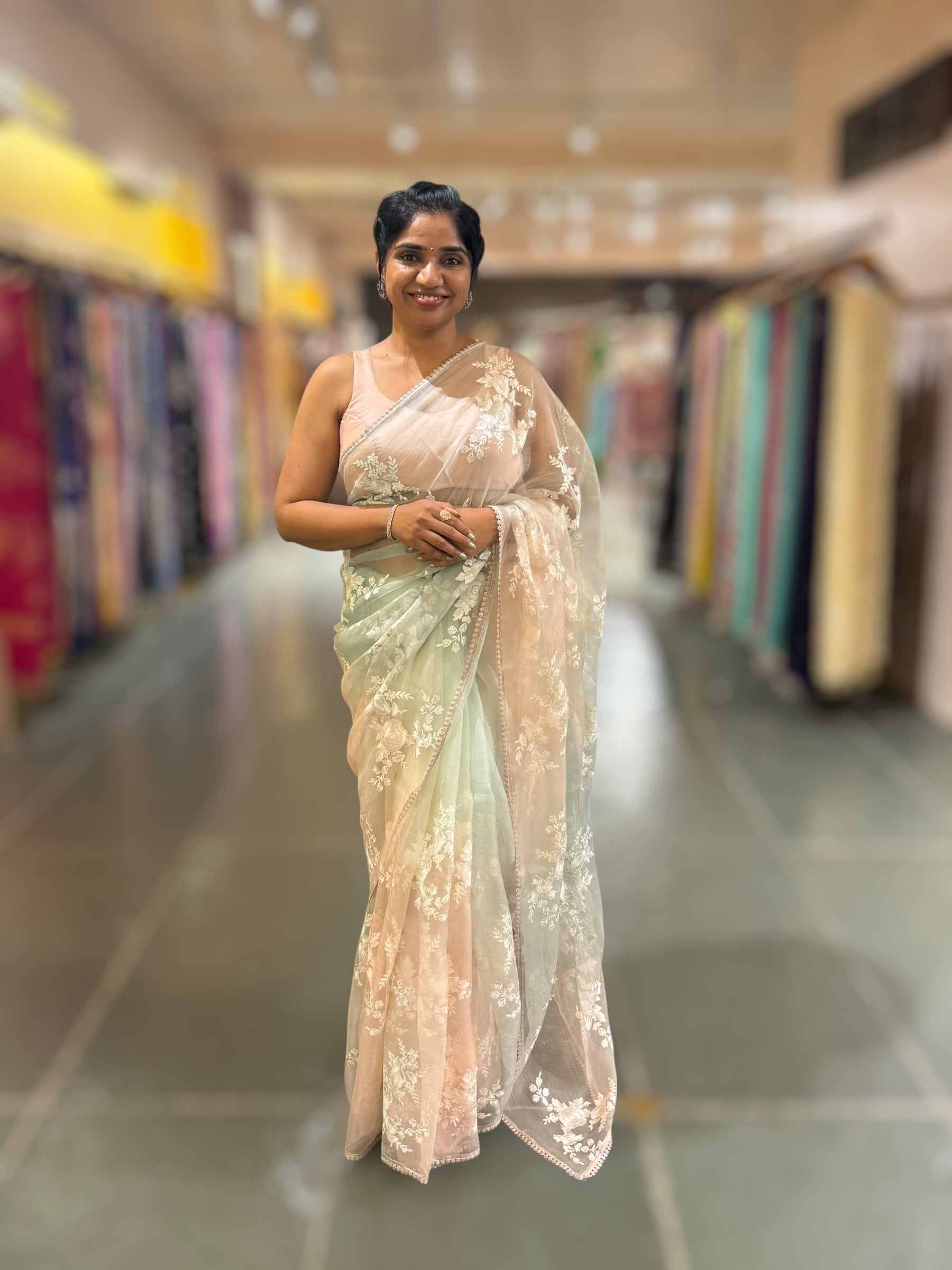 Pure Muslin Ombre Dyed Saree With allover Embroidery