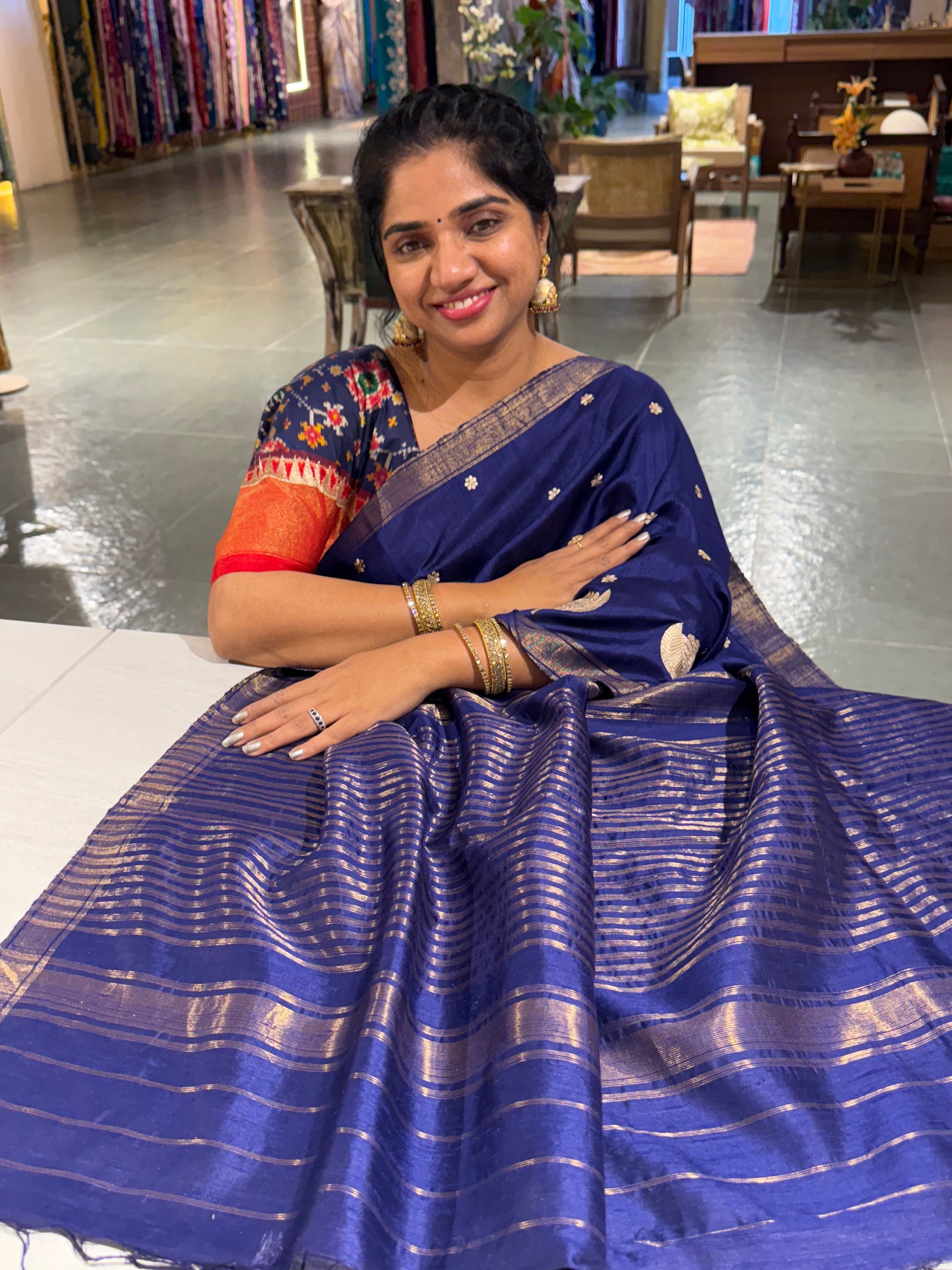 Blue Pure Handloom Raw Silk Saree