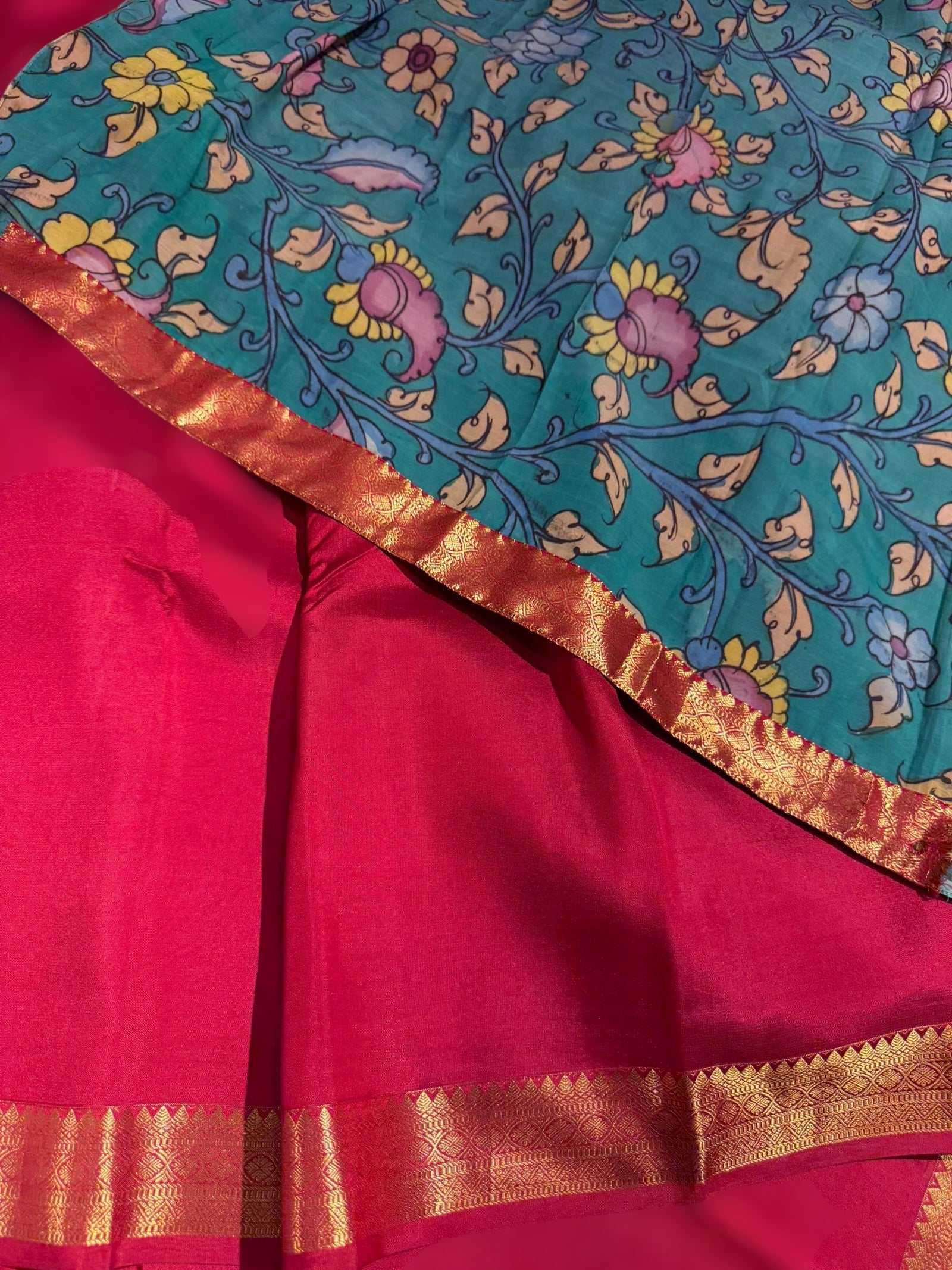 Maroon Red vintage Kanchipuram silk saree with pen kalamkari blouse