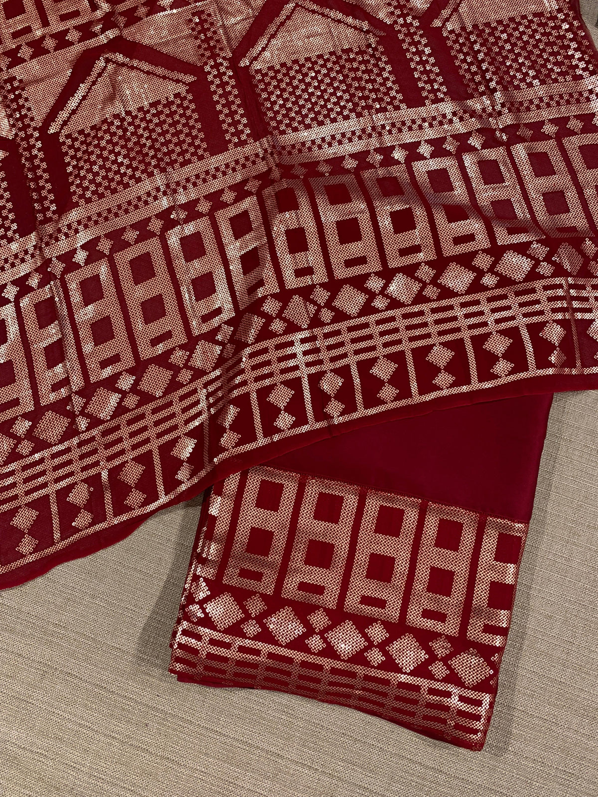 Meroonish Red pure Satin Saree with designer sequence border and blouse