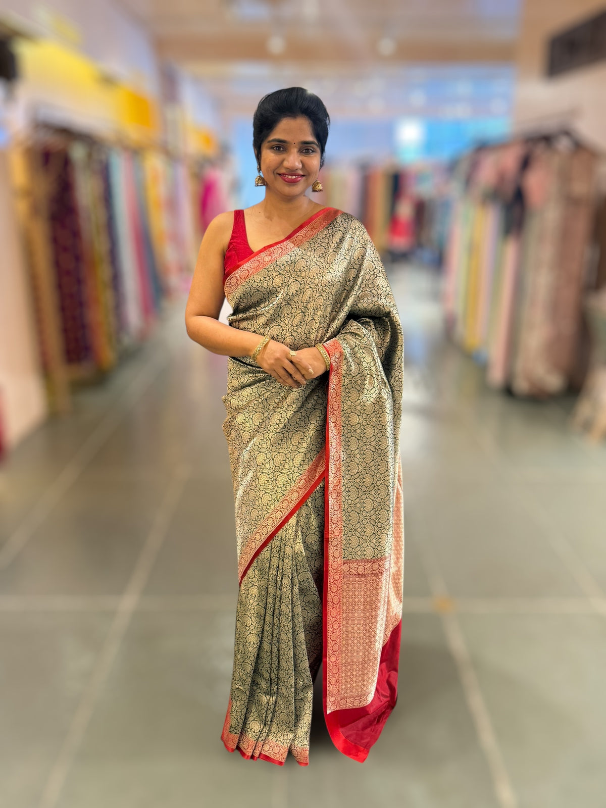 Bottle Green Banarasi katan Tonchoi weaving Saree with red Mashru borders