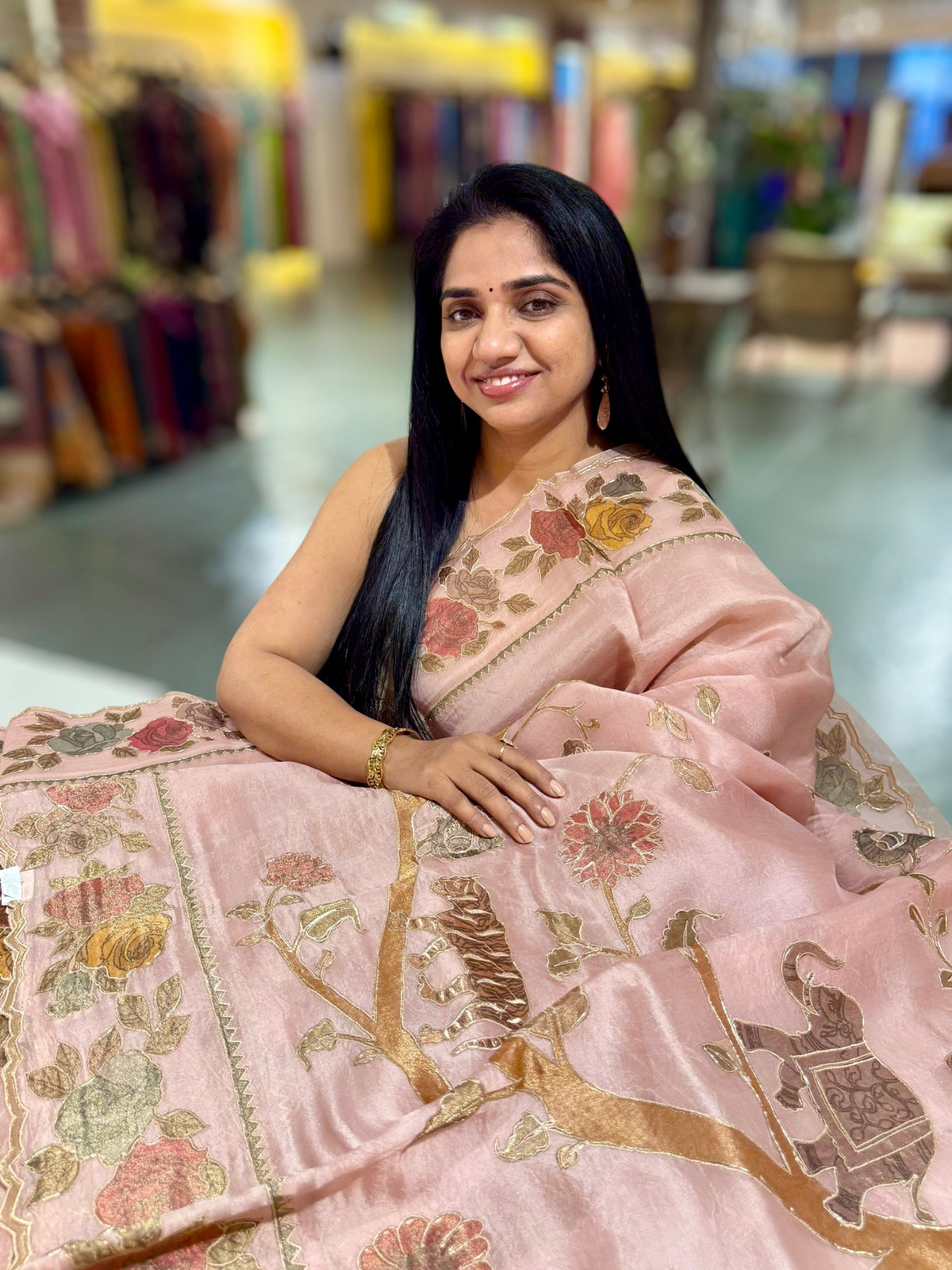 Nude Pink Pure Organza Applique Work Saree