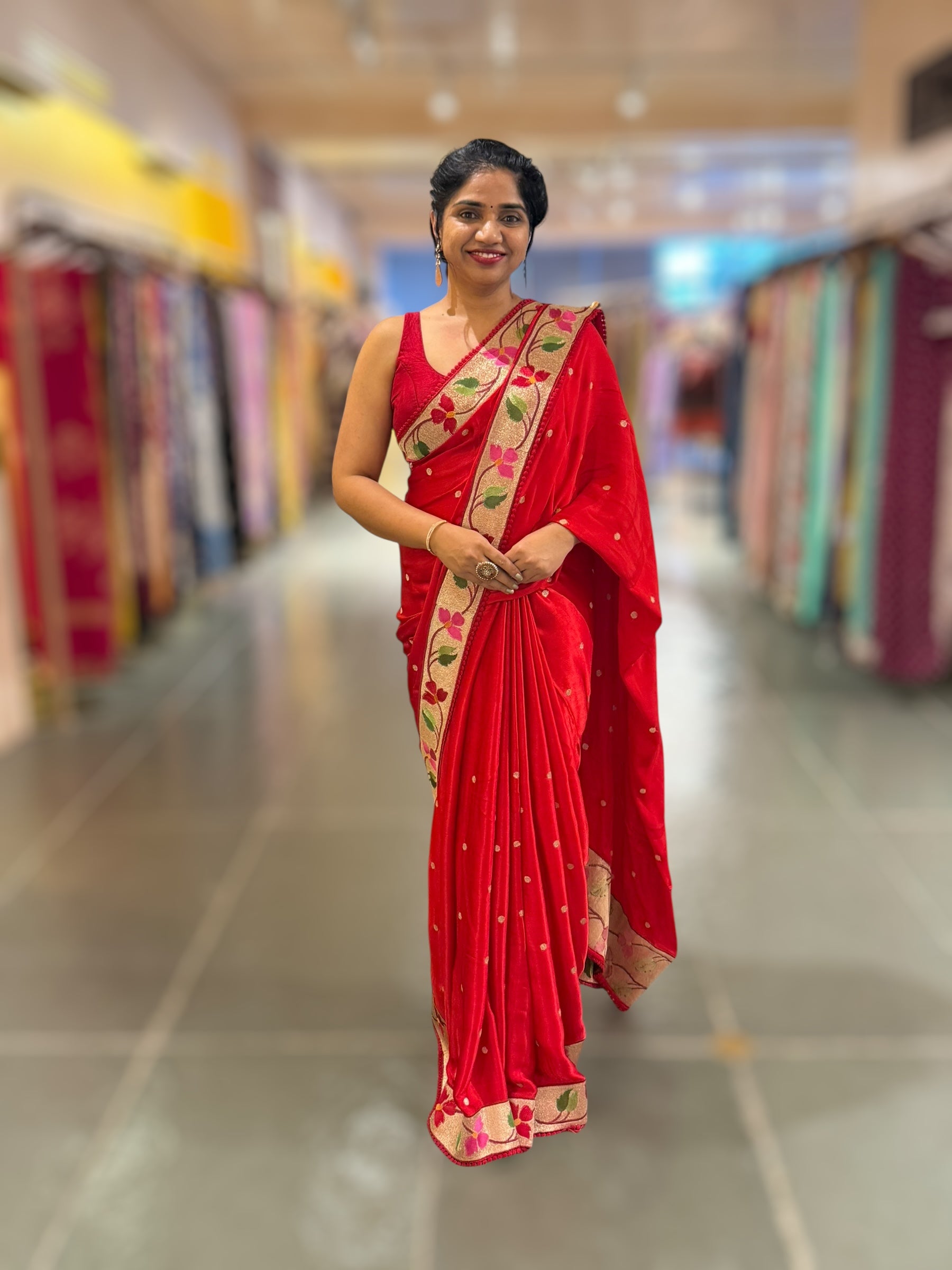 Red Satin Saree with Paithani Embroidered Border