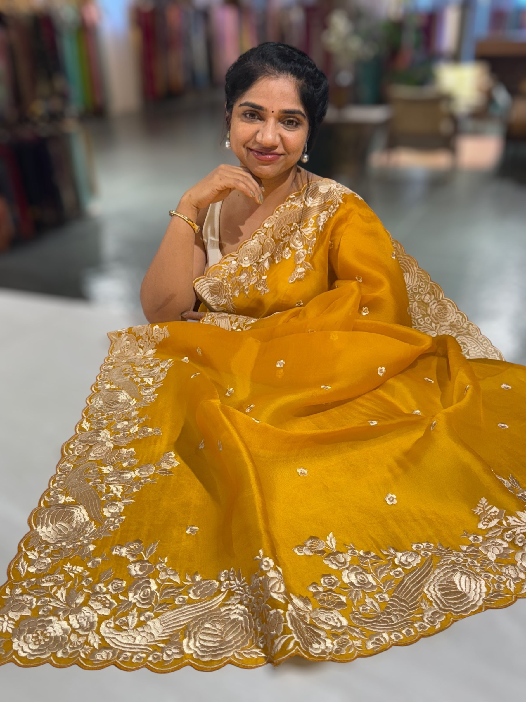 Mustard Organza Saree with Parsi Gara Embroidered Border