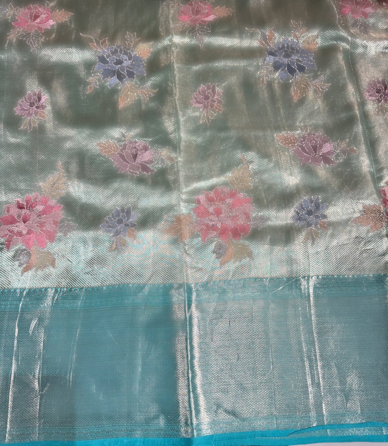 Mint Blue Designer Kanchi Saree with allover embroidery