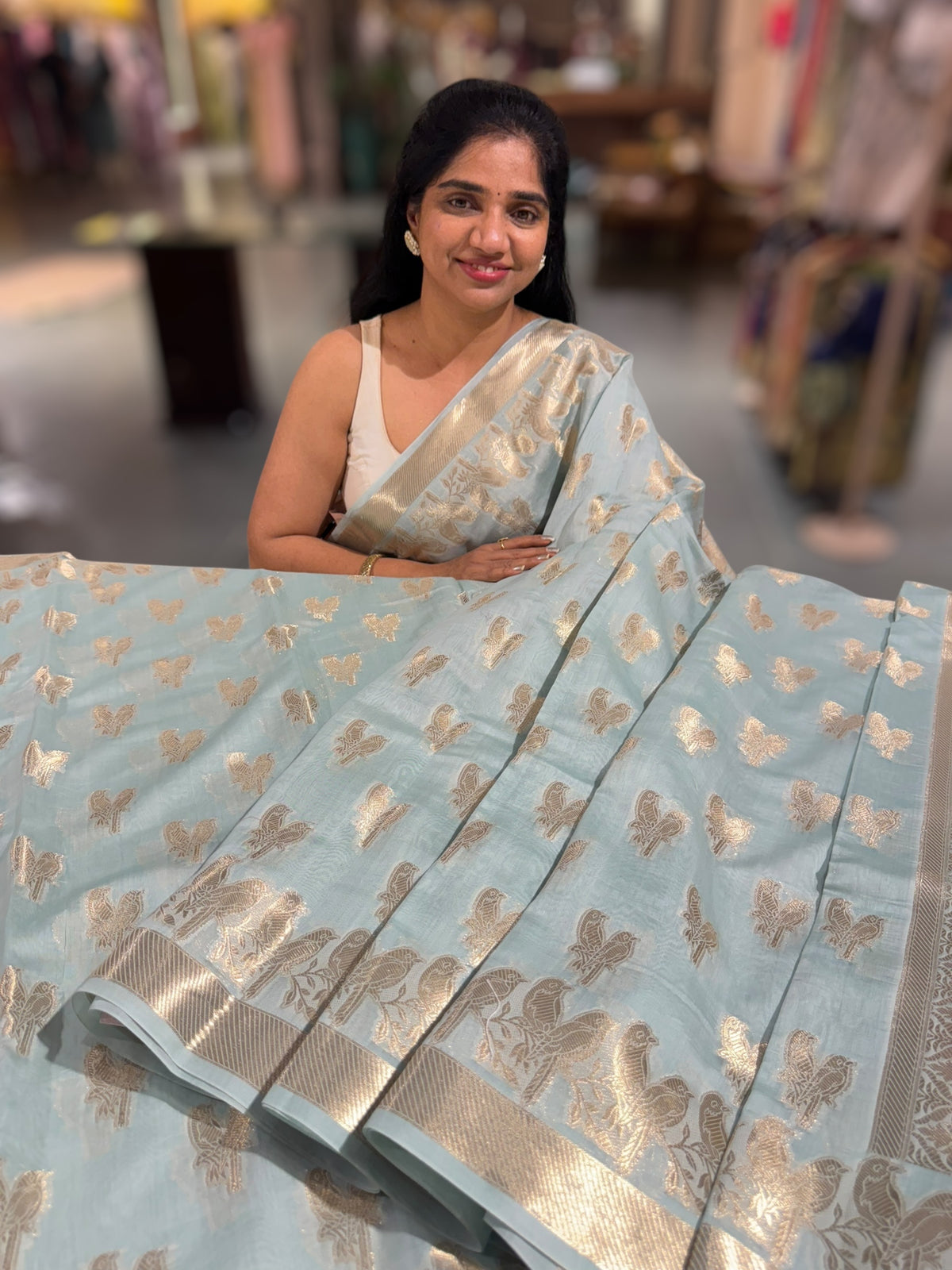 Pastel Blue Banarasi Mul Silk Cotton Saree